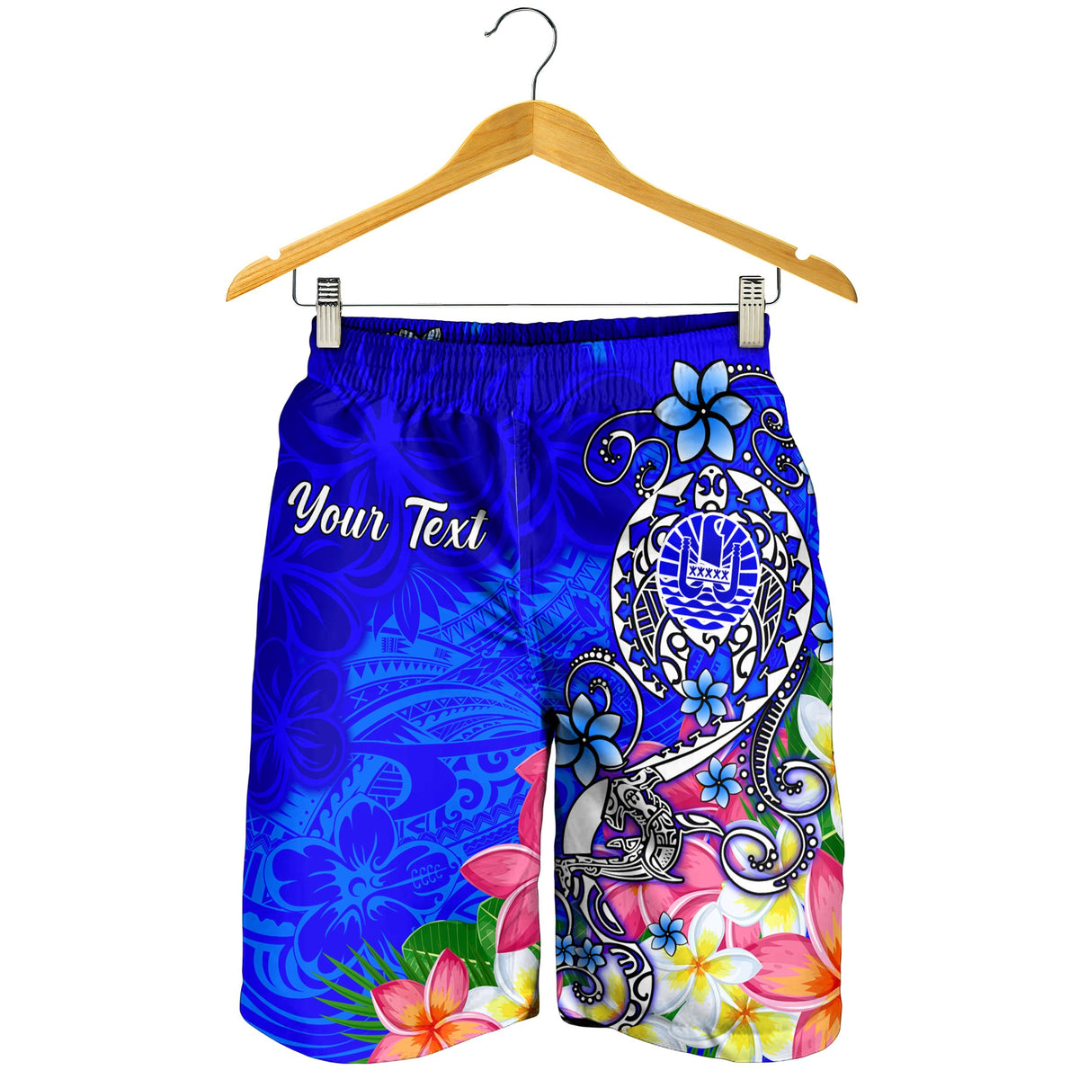 Tahiti Custom Personalised Men's Shorts - Turtle Plumeria (Blue) - Polynesian Pride