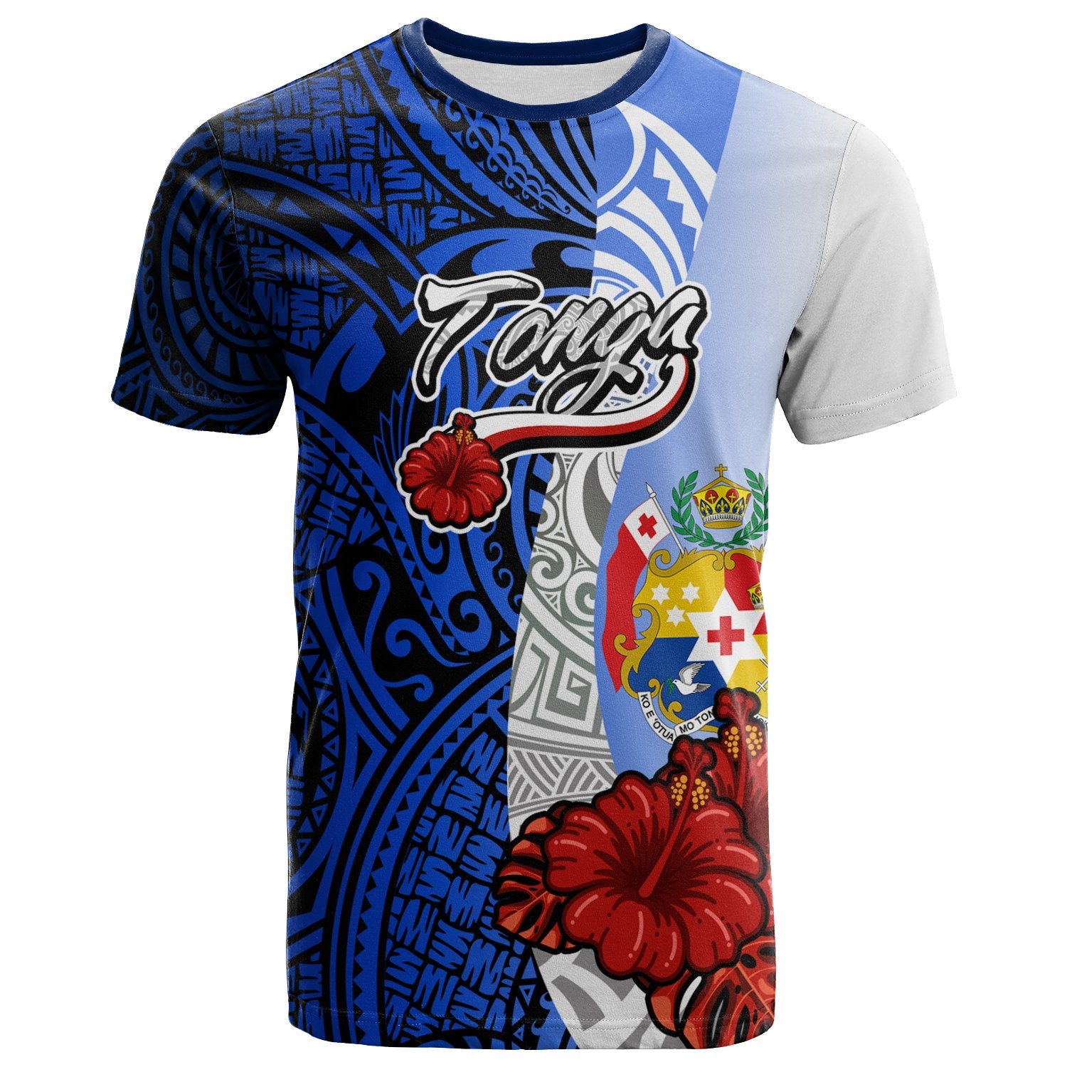 Tonga Polynesian T Shirt Coat of Arm With Hibiscus Blue Unisex Blue - Polynesian Pride