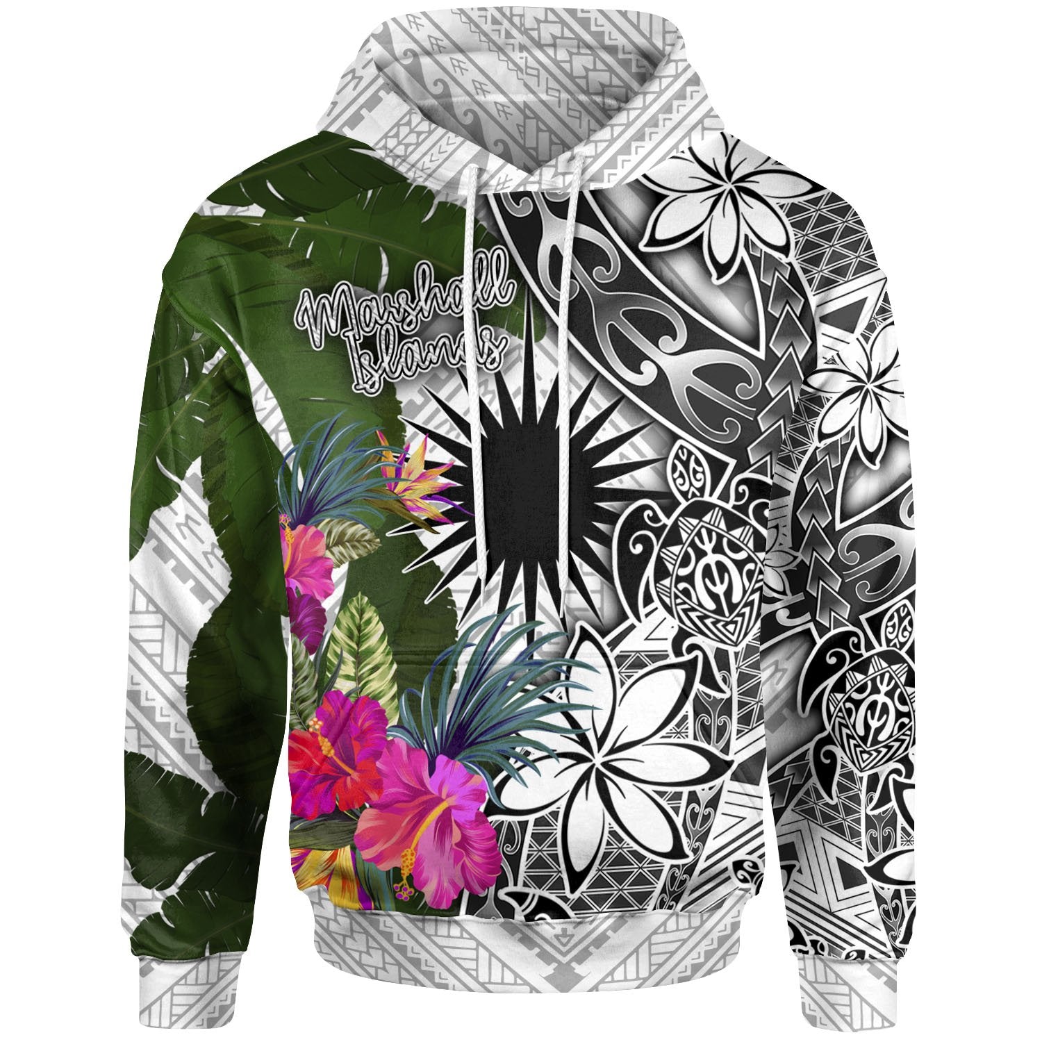 Marshall Islands Hoodie White Turtle Plumeria Banana Leaf Unisex White - Polynesian Pride