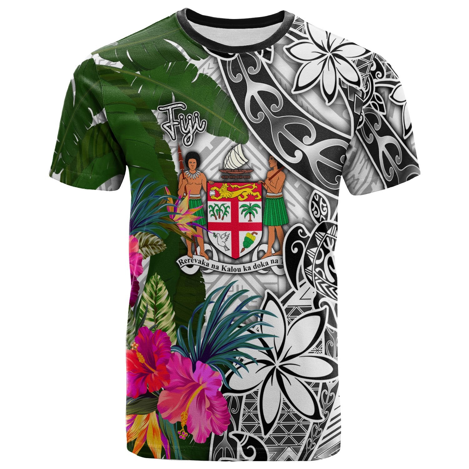 Fiji T Shirt White Turtle Plumeria Banana Leaf Crest Unisex Art - Polynesian Pride