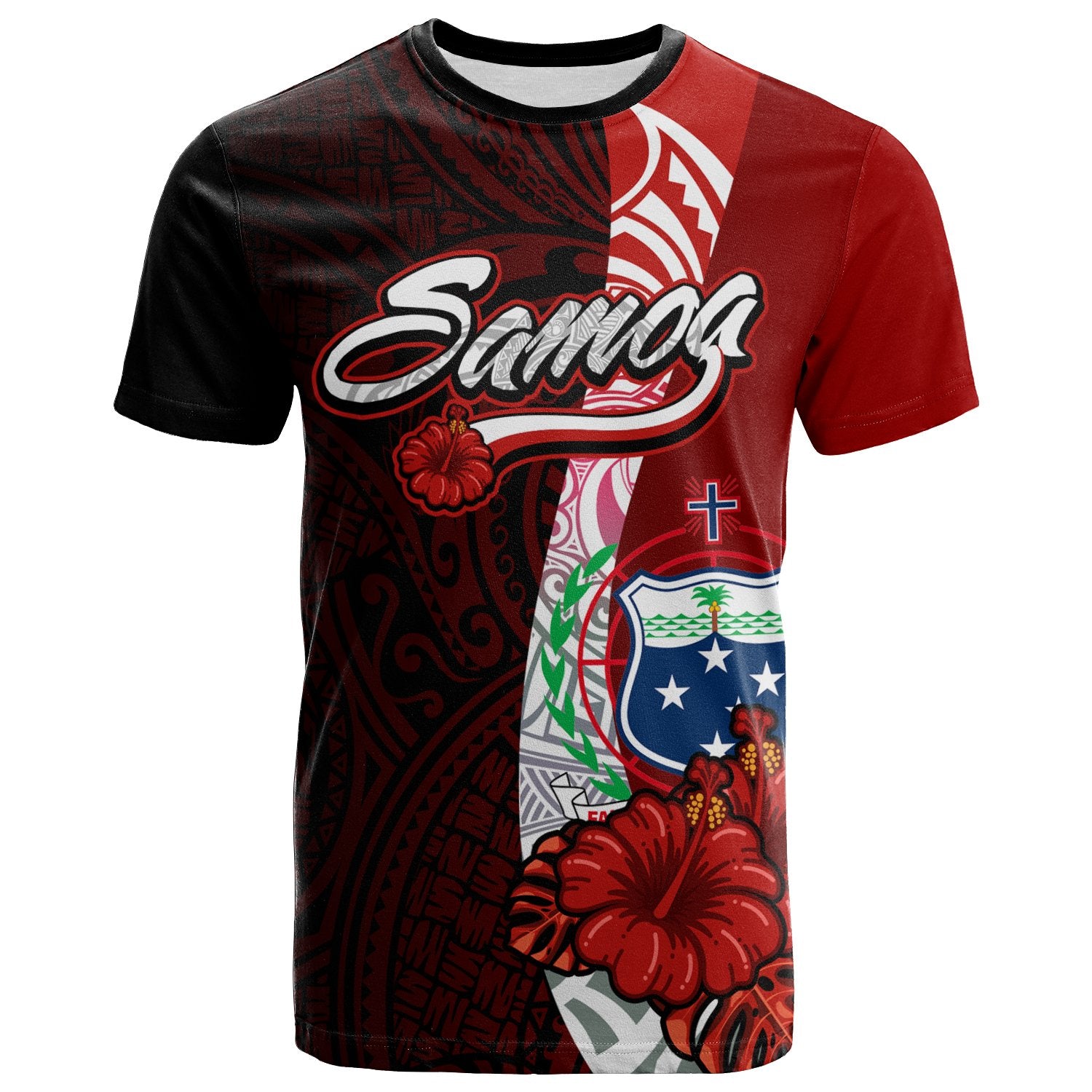 Samoa Polynesian T shirt Coat Arm With Hibiscus Unisex Red - Polynesian Pride