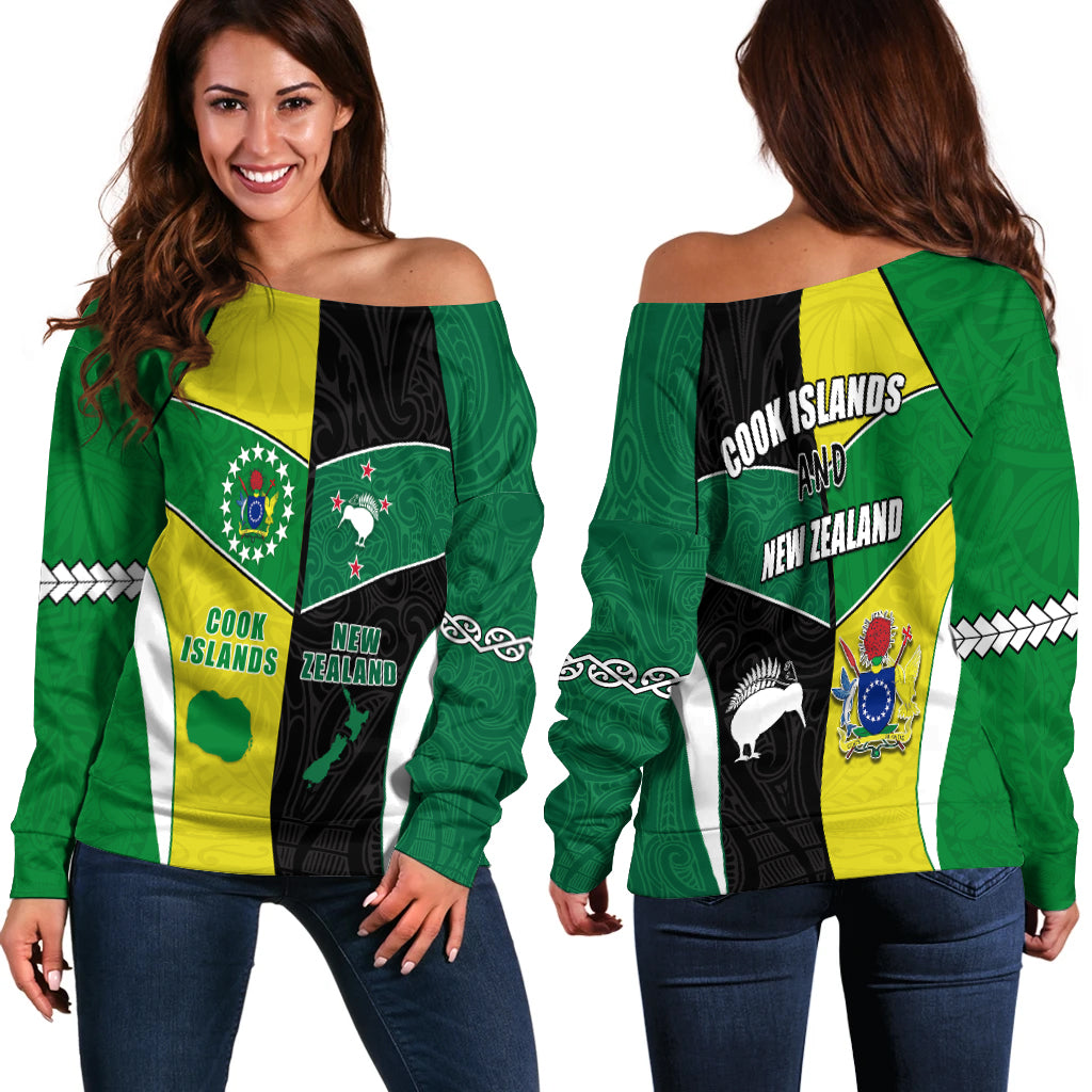 Cook Islands and New Zealand Off Shoulder Sweater Polynesian mix Maori LT13 Green - Polynesian Pride