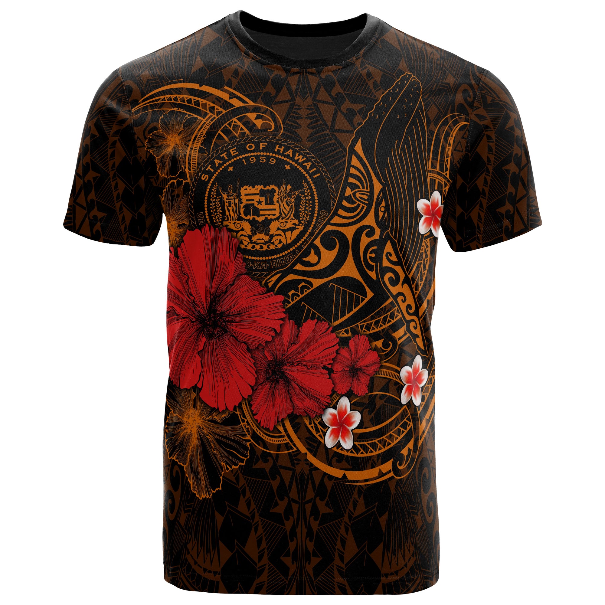 Polynesian Hawaii T Shirts Humpback Whale with Hibiscus (Golden) Unisex Golden - Polynesian Pride