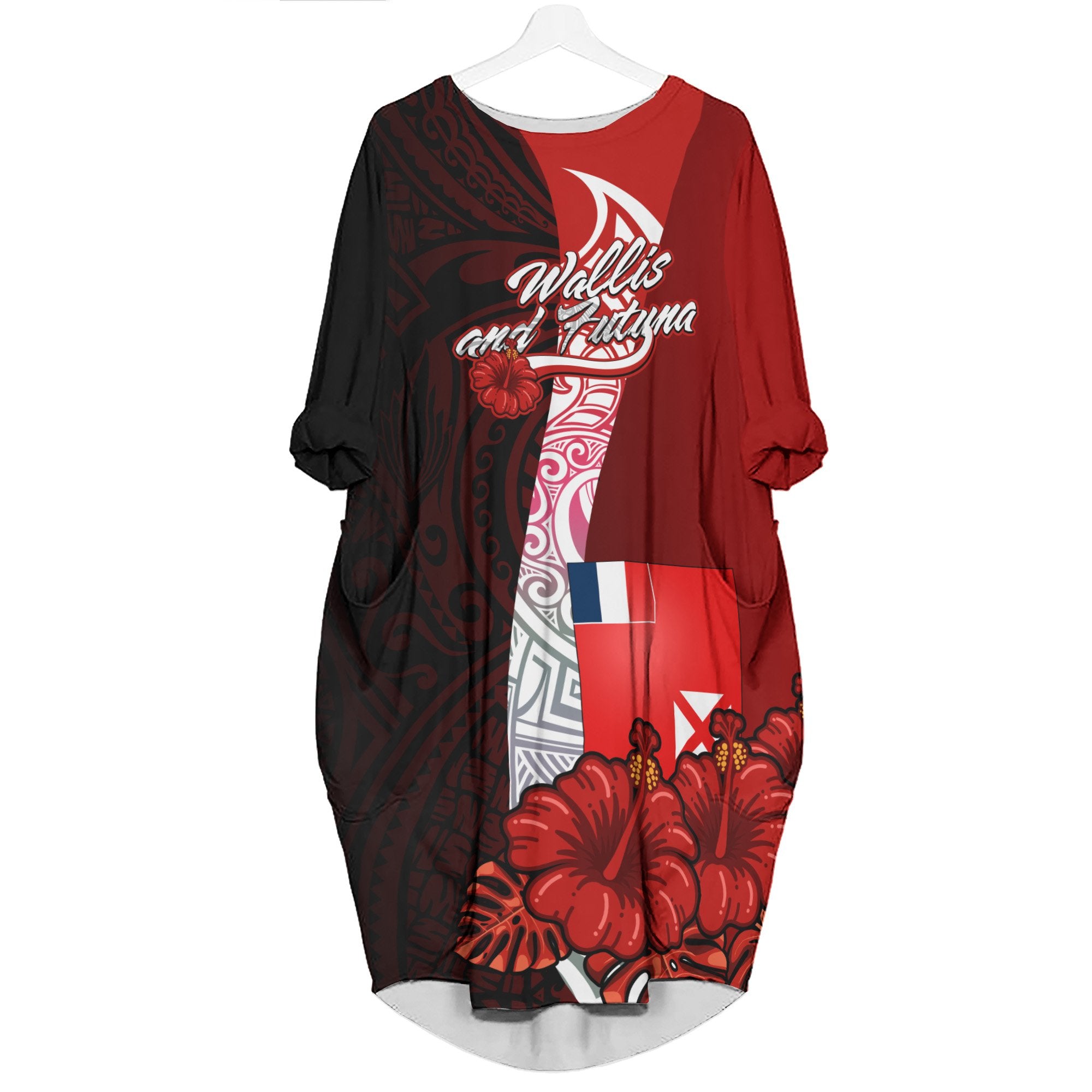 Wallis and Futuna Polynesian Batwing Pocket Dress - Hibiscus With Coat Of Arm Women Black - Polynesian Pride