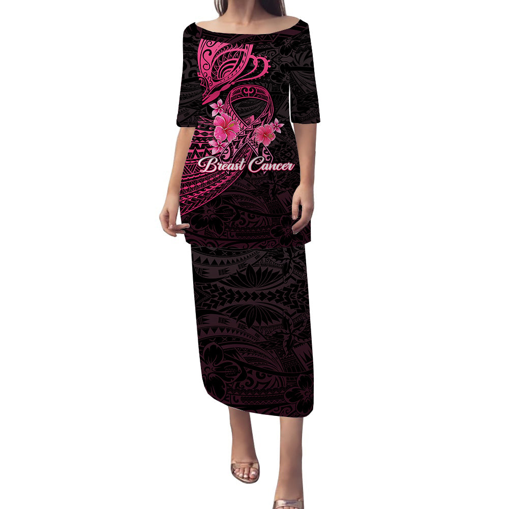 Breast Cancer Pink Ribbon Butterfly Polynesian Black Version Puletasi Dress - LT12 Long Dress Black - Polynesian Pride