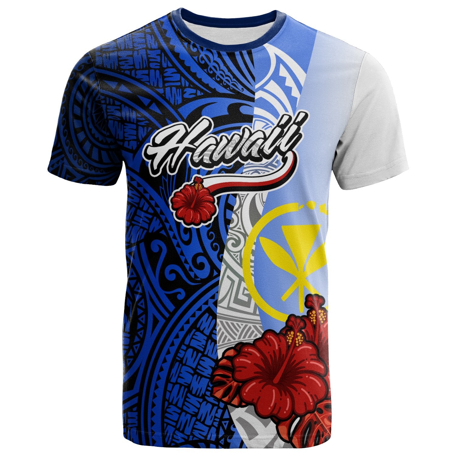 Hawaii Polynesian T Shirt Coat of Arm With Hibiscus Blue Unisex Blue - Polynesian Pride