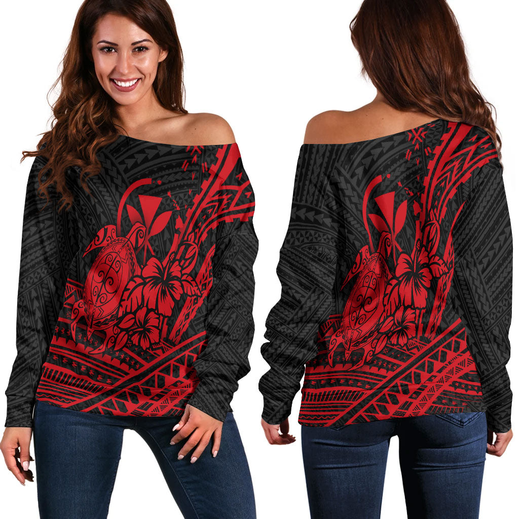 Hawaii Turtle With Hibiscus Tribal Red Women Off Shoulder Sweater - LT12 Red - Polynesian Pride