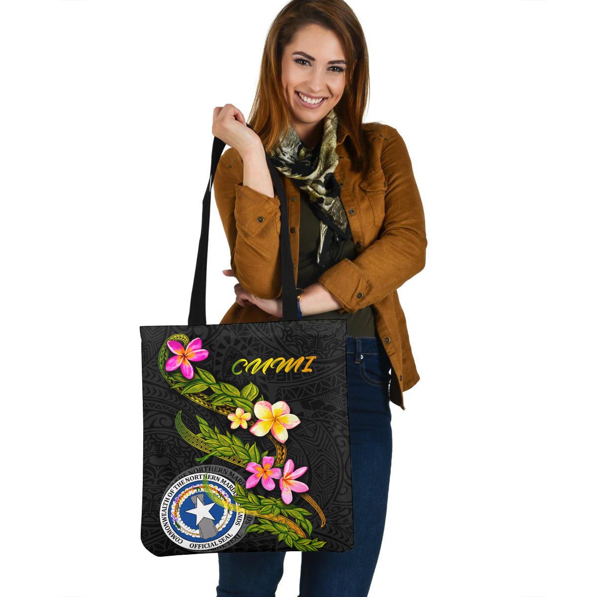 Northern Mariana Islands Polynesian Tote Bag - Plumeria Tribal Tote Bag One Size Black - Polynesian Pride