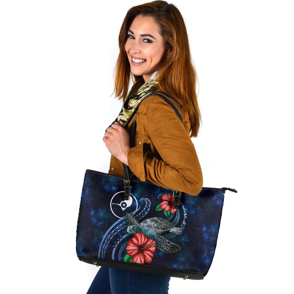 Yap Polynesian Leather Tote - Blue Turtle Hibiscus Blue - Polynesian Pride