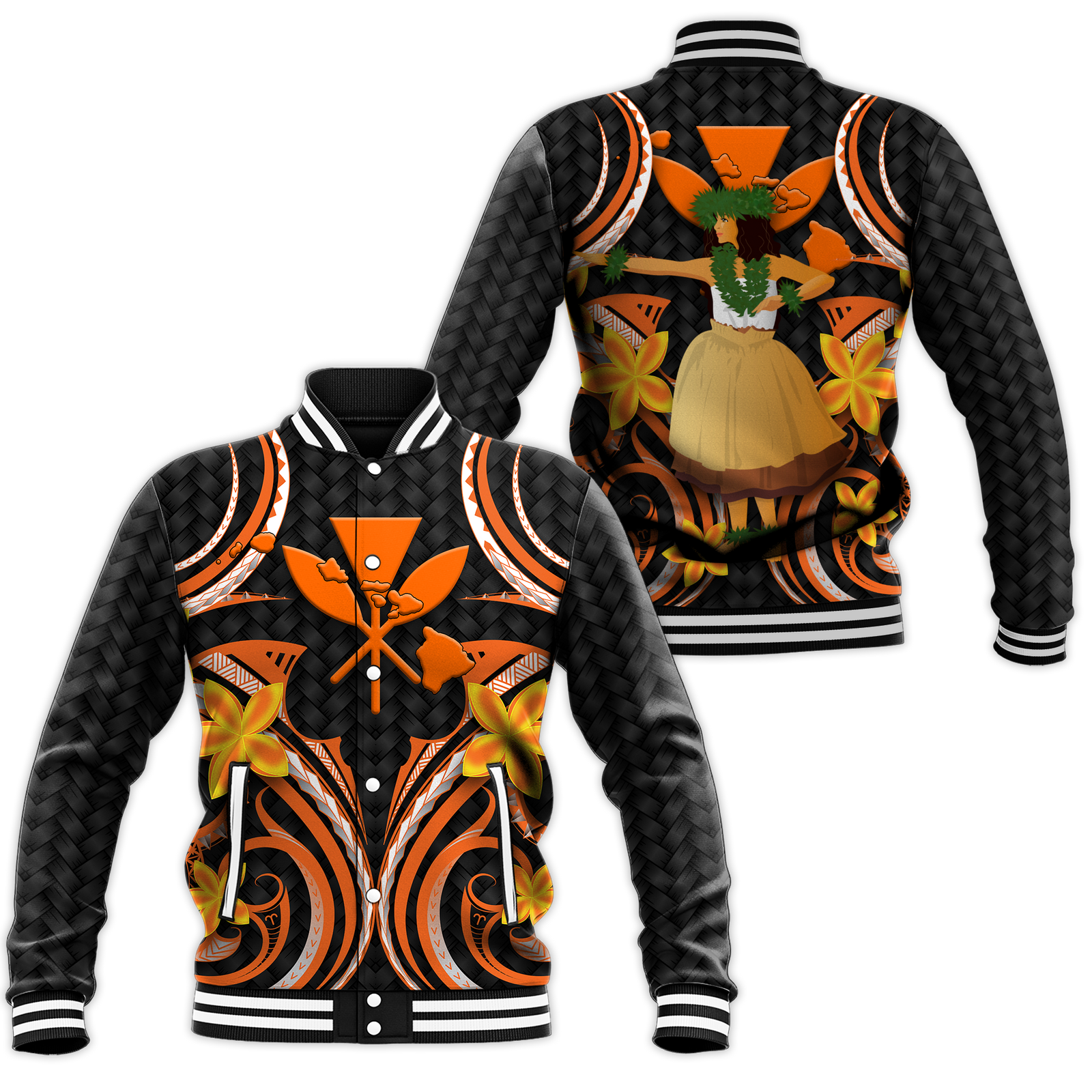 Hawaii Hula Girl Floral Baseball Jacket - LT12 Unisex Black - Polynesian Pride