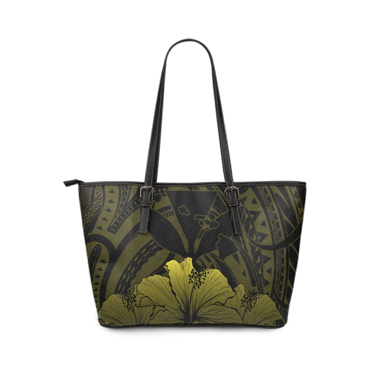 Personalised - Hawaii Royal Hibiscus Polynesian Tribal Large Leather Tote Bag Yellow AH Yellow - Polynesian Pride