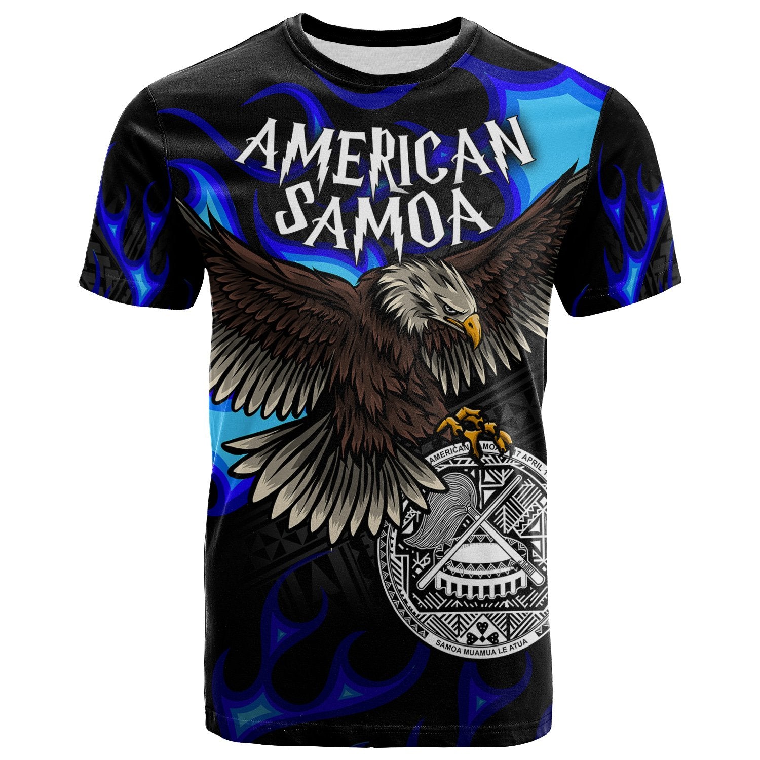 American Samoa Polynesian T Shirt Eagle With Flame Blue Unisex Blue - Polynesian Pride