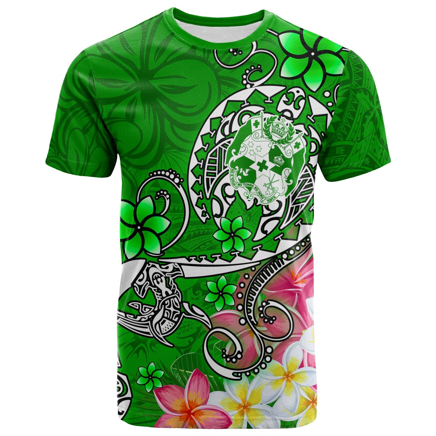 Tonga T Shirt Turtle Plumeria (GREEN) Unisex Green - Polynesian Pride