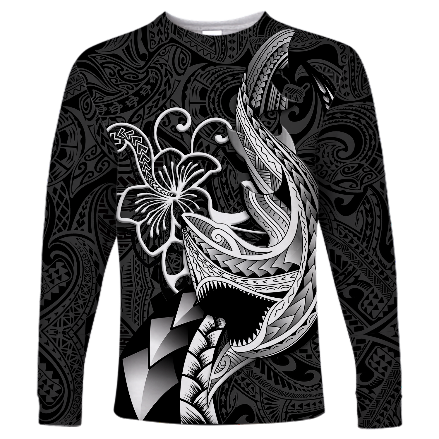 Polynesian Shark Tattoo Hawaii Tribal Long Sleeve Shirt - LT12 Unisex Black - Polynesian Pride