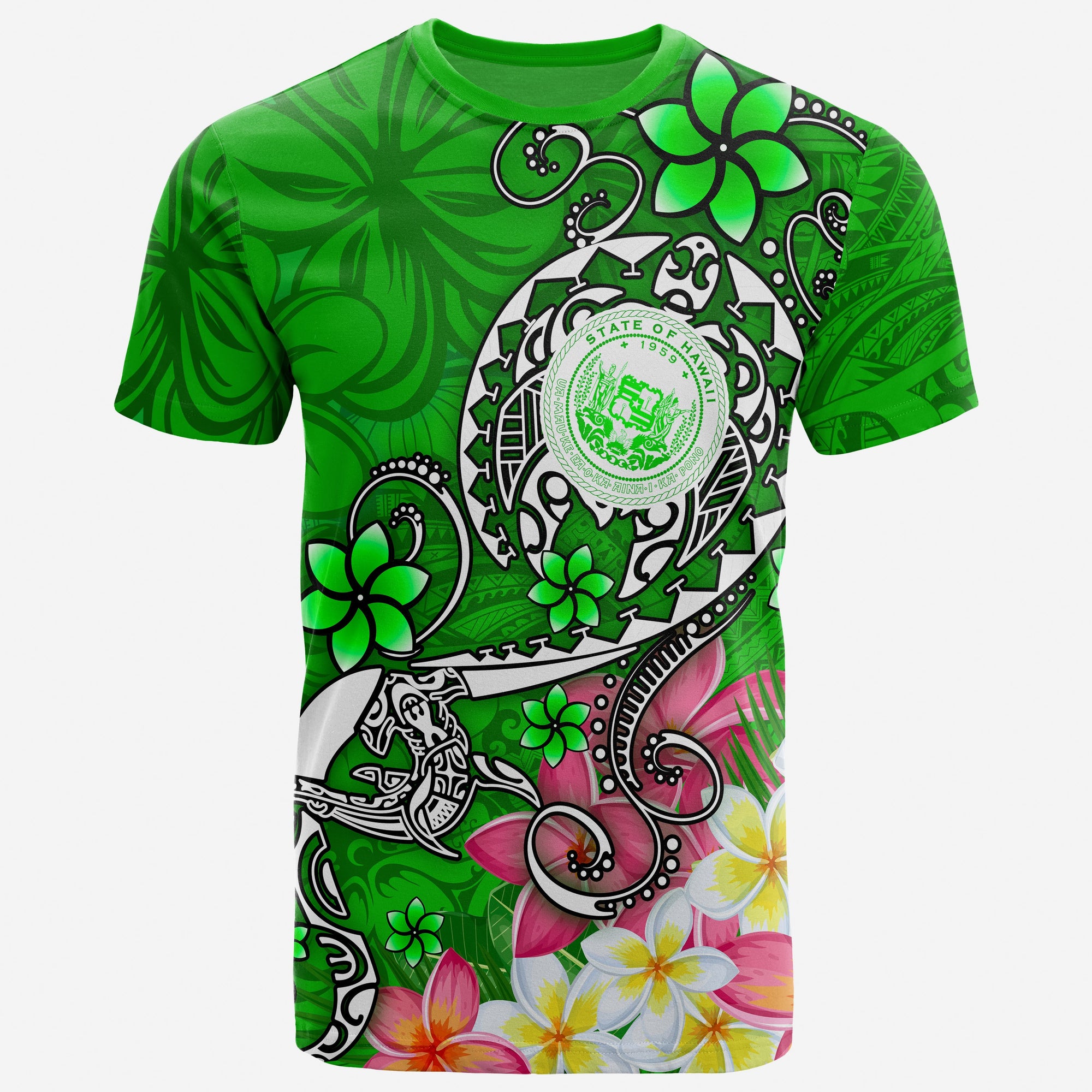 Hawaii Polynesian T Shirt Hawaii Seal With Turtle Plumeria (Green) Unisex Green - Polynesian Pride