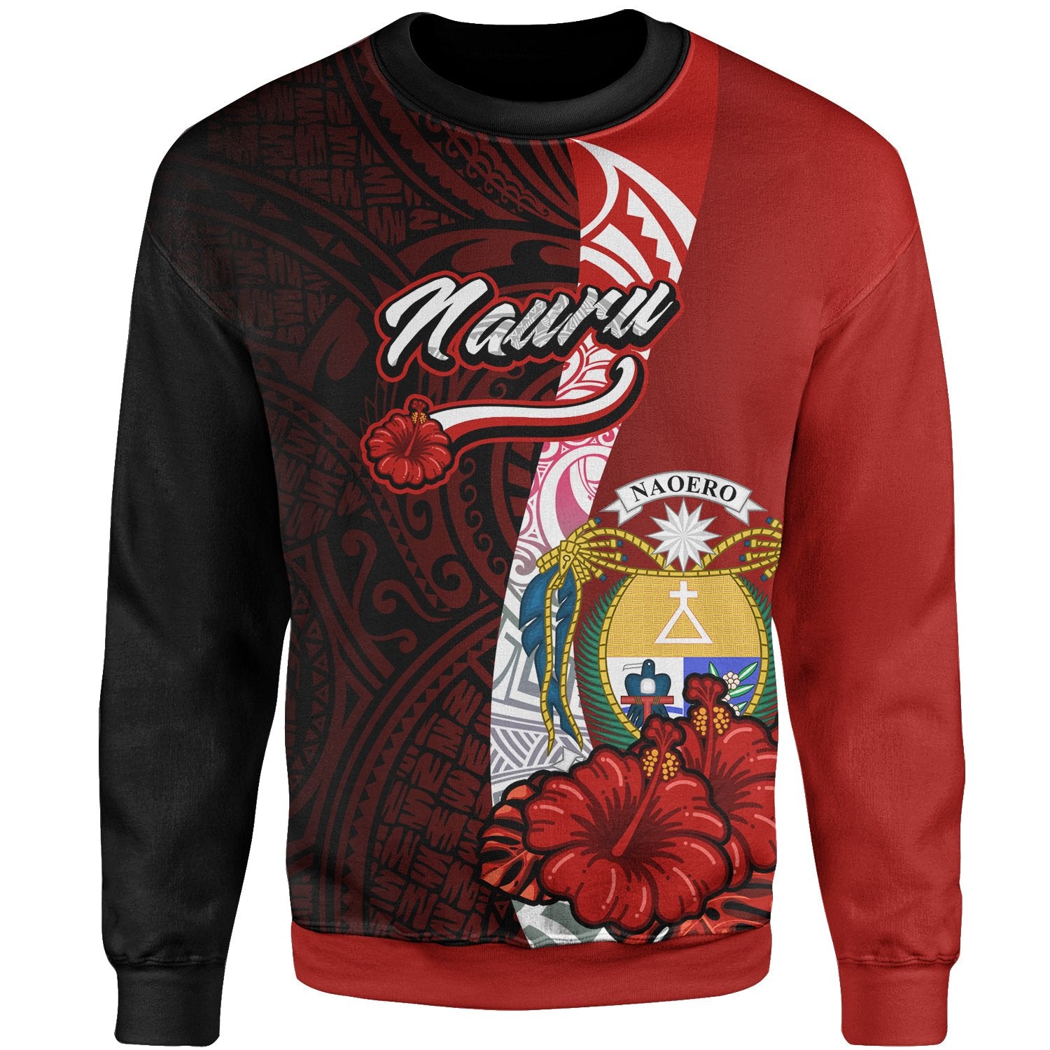 Nauru Polynesian Sweater - Coat Of Arm With Hibiscus Unisex Red - Polynesian Pride