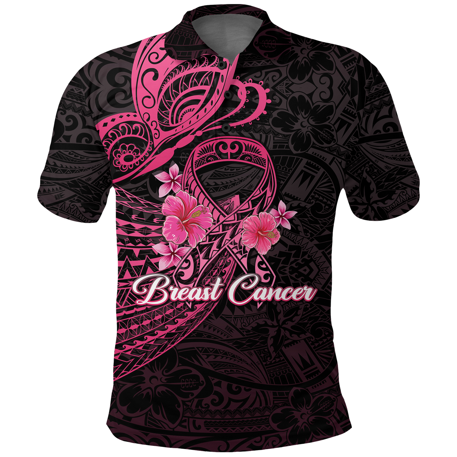 Custom Breast Cancer Pink Ribbon Butterfly Polynesian Black Version Polo Shirt LT12 Unisex Black - Polynesian Pride
