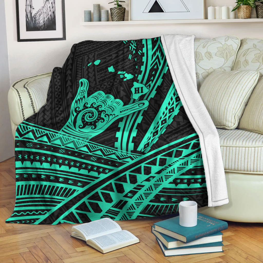 Hawaii Shaka Polynesian Tribal Turquoise Blanket - LT12 White - Polynesian Pride