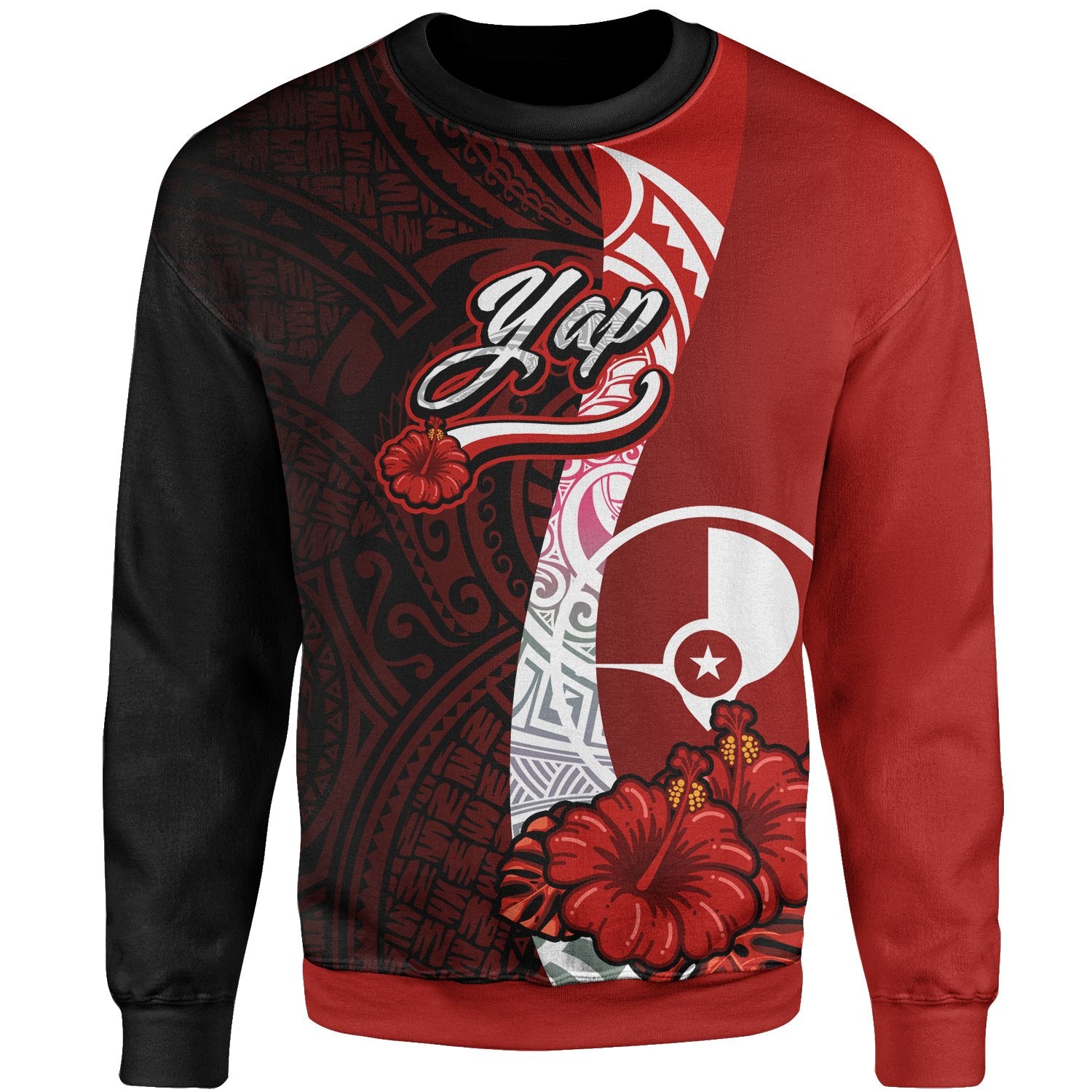 Yap Polynesian Sweater - Coat Of Arm With Hibiscus Unisex Red - Polynesian Pride