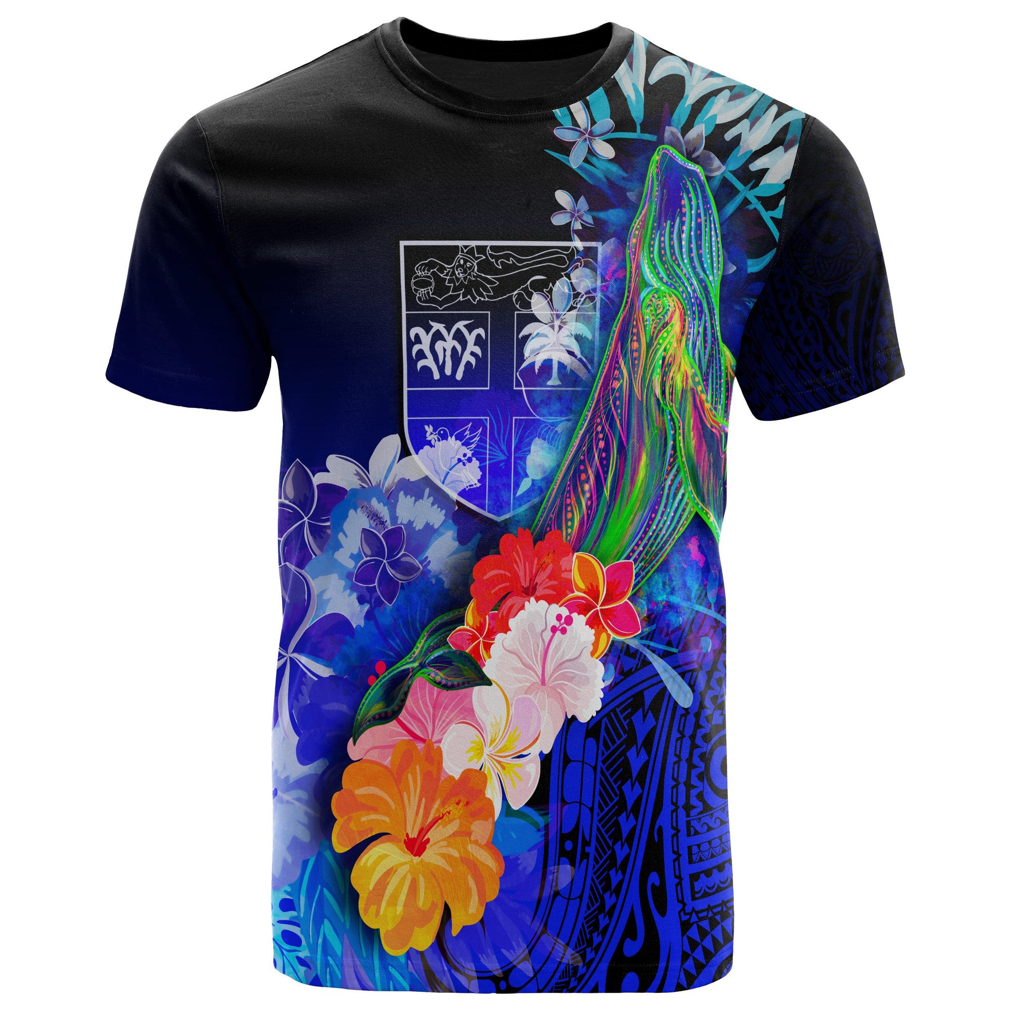 Fiji T Shirt Humpback Whale with Tropical Flowers (Blue) Unisex Blue - Polynesian Pride