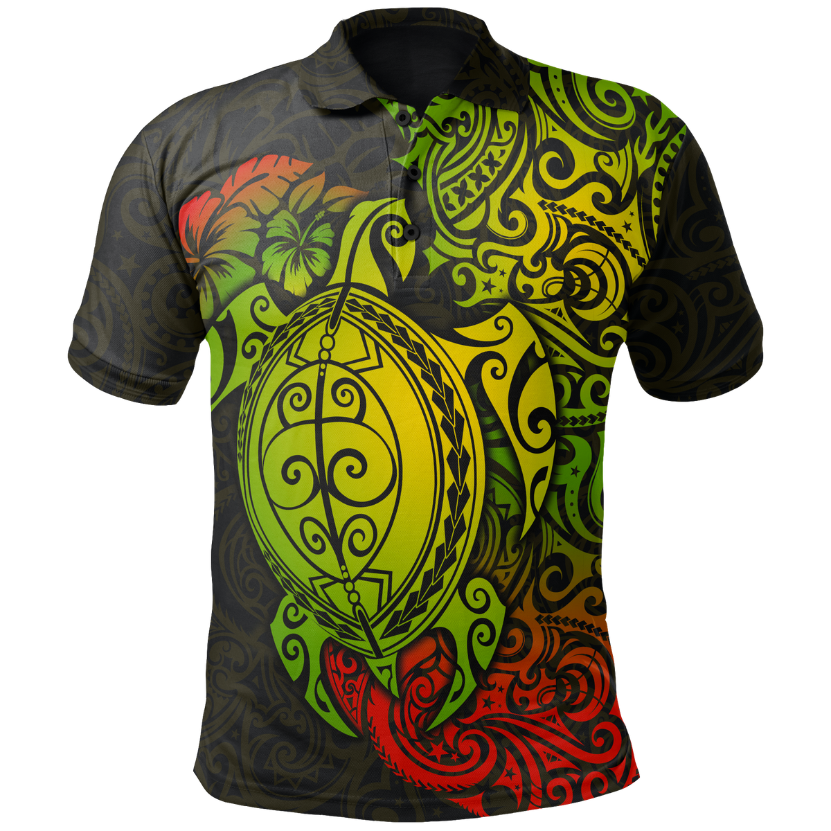Polo Shirt Polynesian Turtle Hibiscus Reggae Unisex GREEN - Polynesian Pride