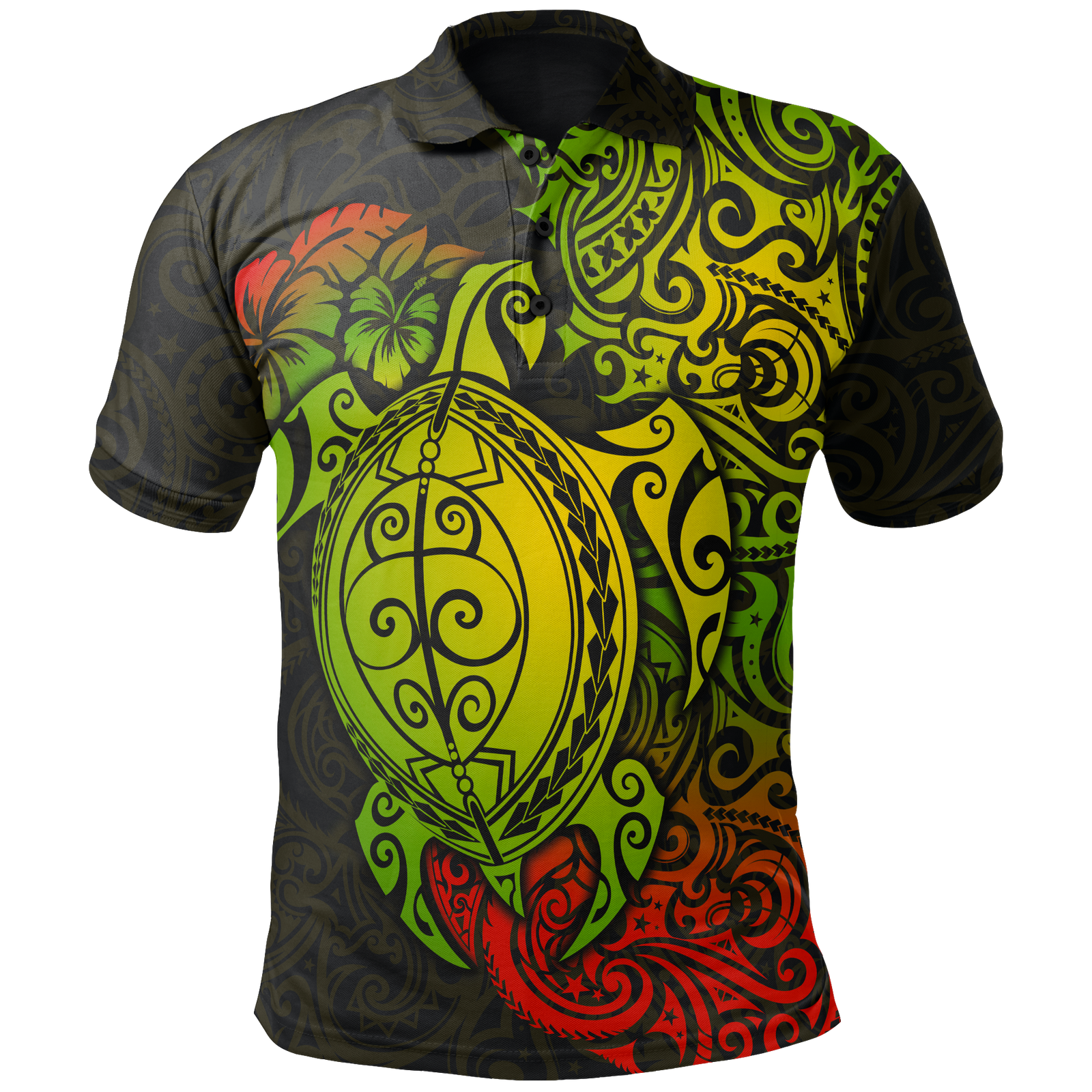 Polo Shirt Polynesian Turtle Hibiscus Reggae Unisex GREEN - Polynesian Pride