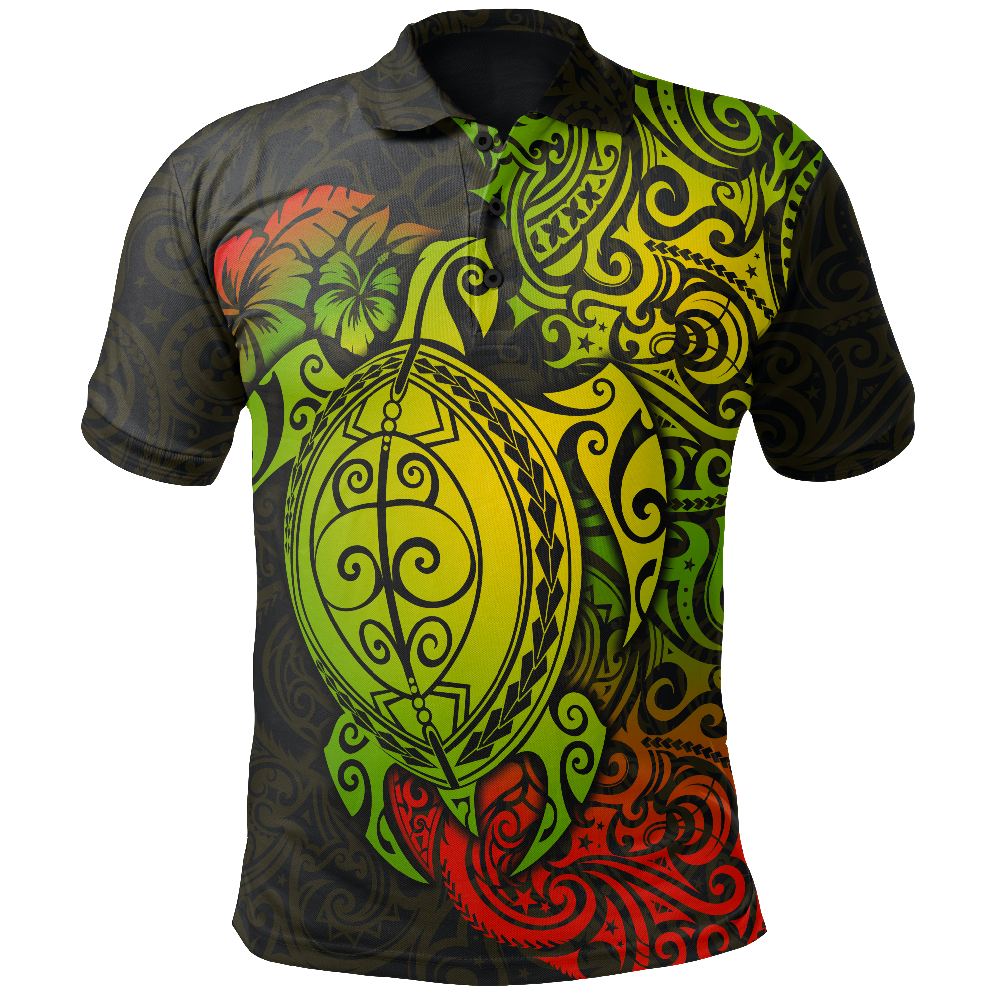 Polo Shirt Polynesian Turtle Hibiscus Reggae Unisex GREEN - Polynesian Pride