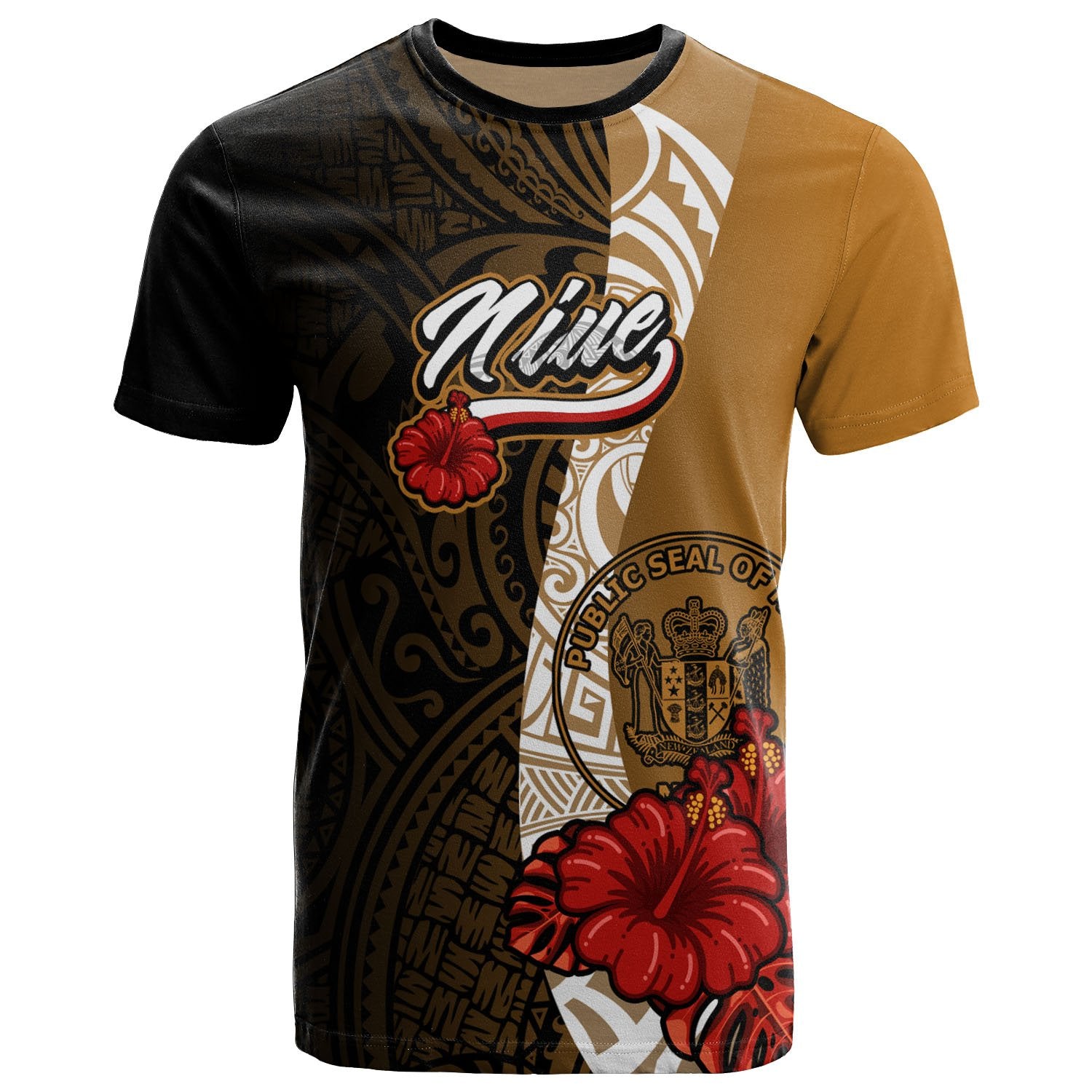 Niue Polynesian T Shirt Coat Of Arms With Hibiscus Gold Unisex Art - Polynesian Pride