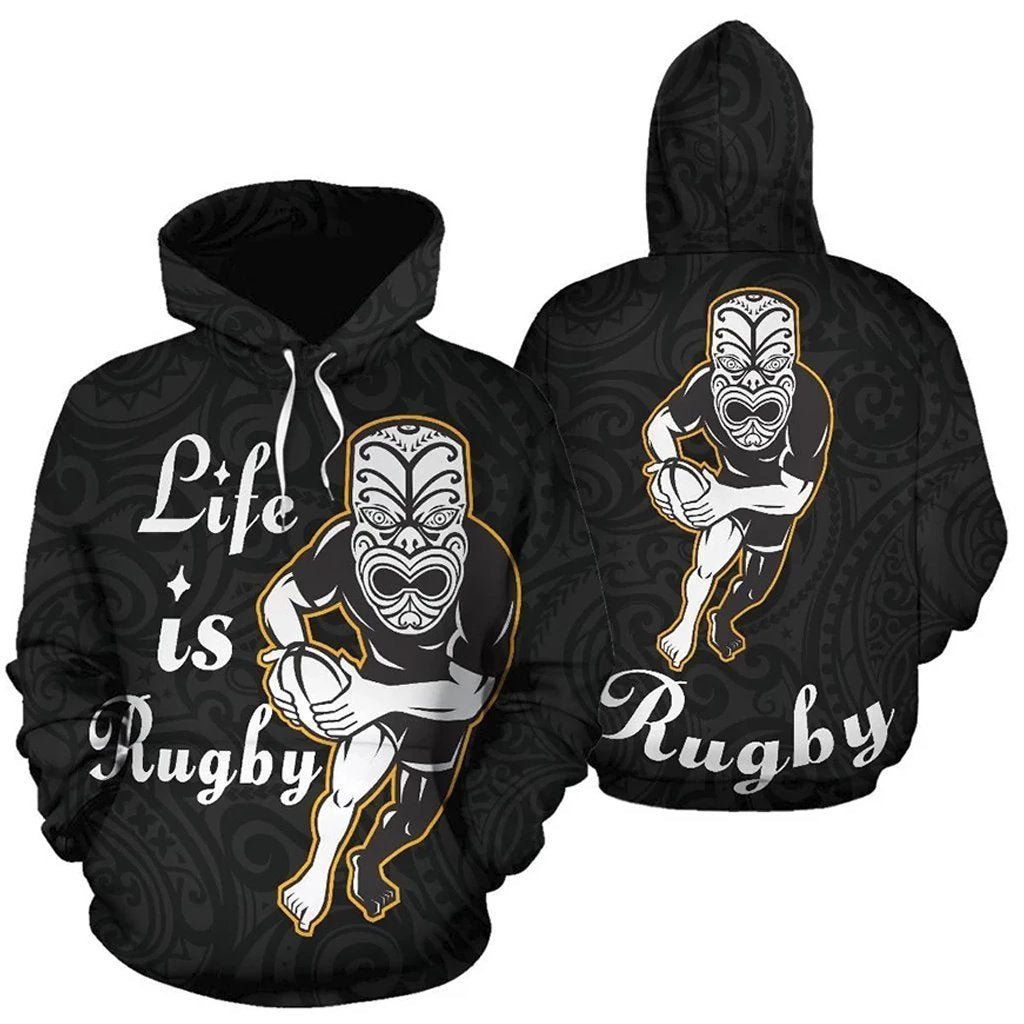 Life Is Rugby Hoodie Maori Mask Rugby Player Running With Ball Unisex Black - Polynesian Pride