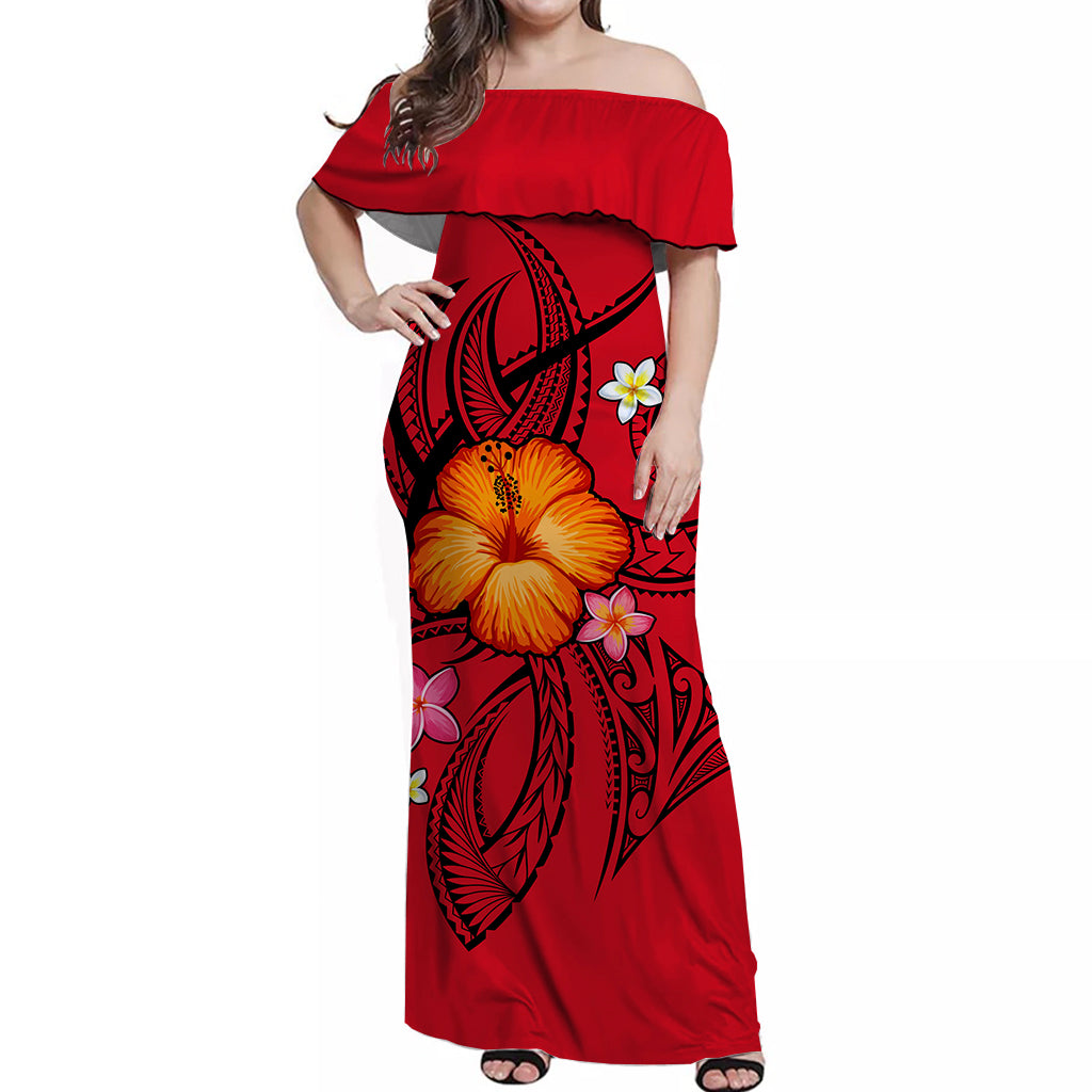 Polynesian Off Shoulder Dress - Red Hibiscus - LT12 Long Dress Red - Polynesian Pride