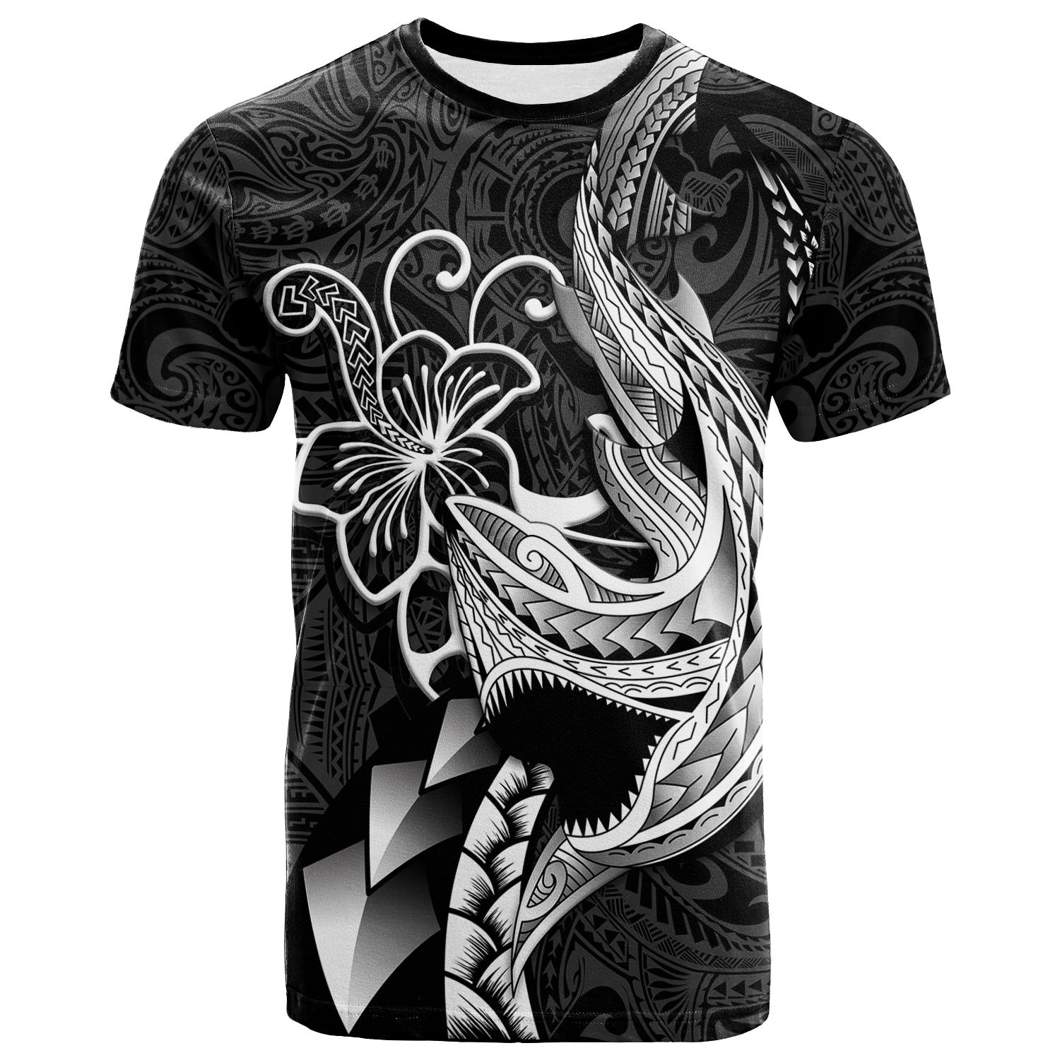 Polynesian Shark Tattoo Hawaii Tribal T Shirt LT12 Unisex Black - Polynesian Pride