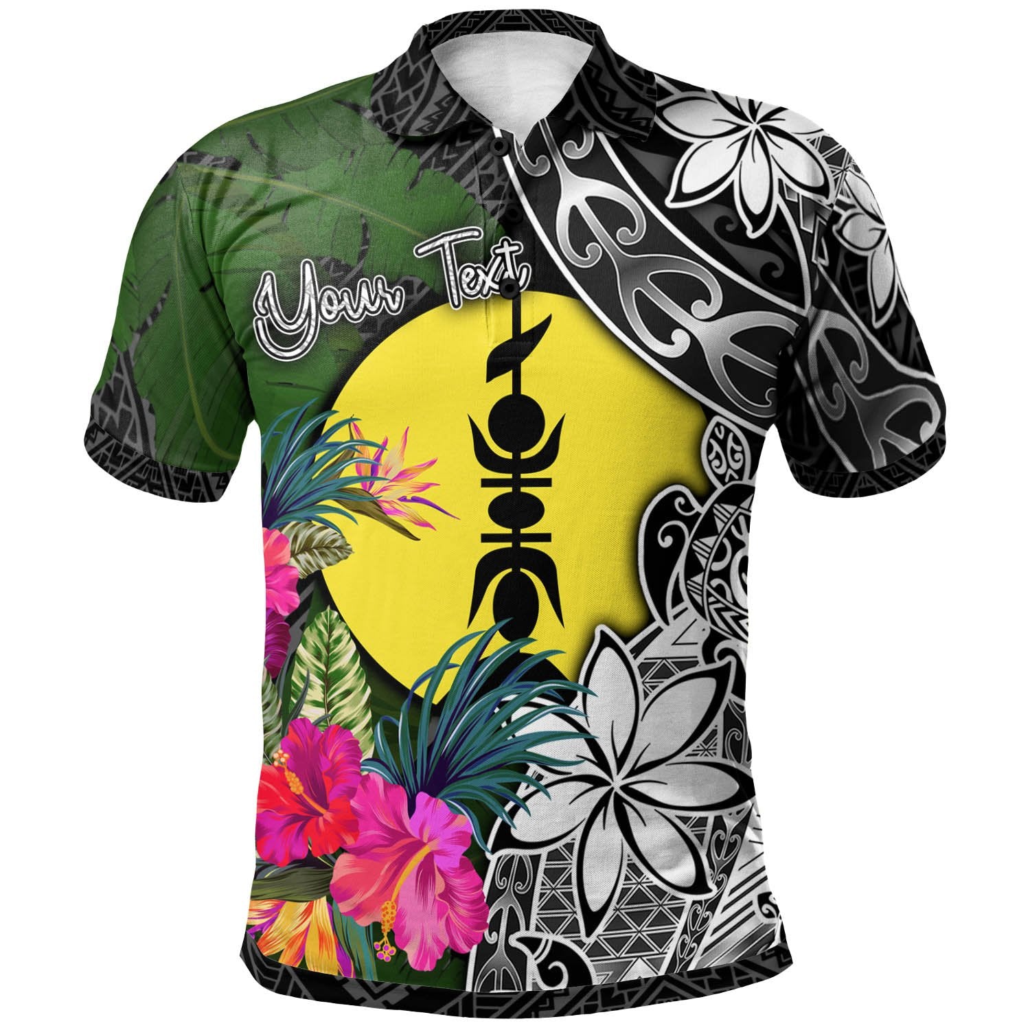 New Caledonia Custom Polo Shirt Turtle Plumeria Banana Leaf Unisex Black - Polynesian Pride