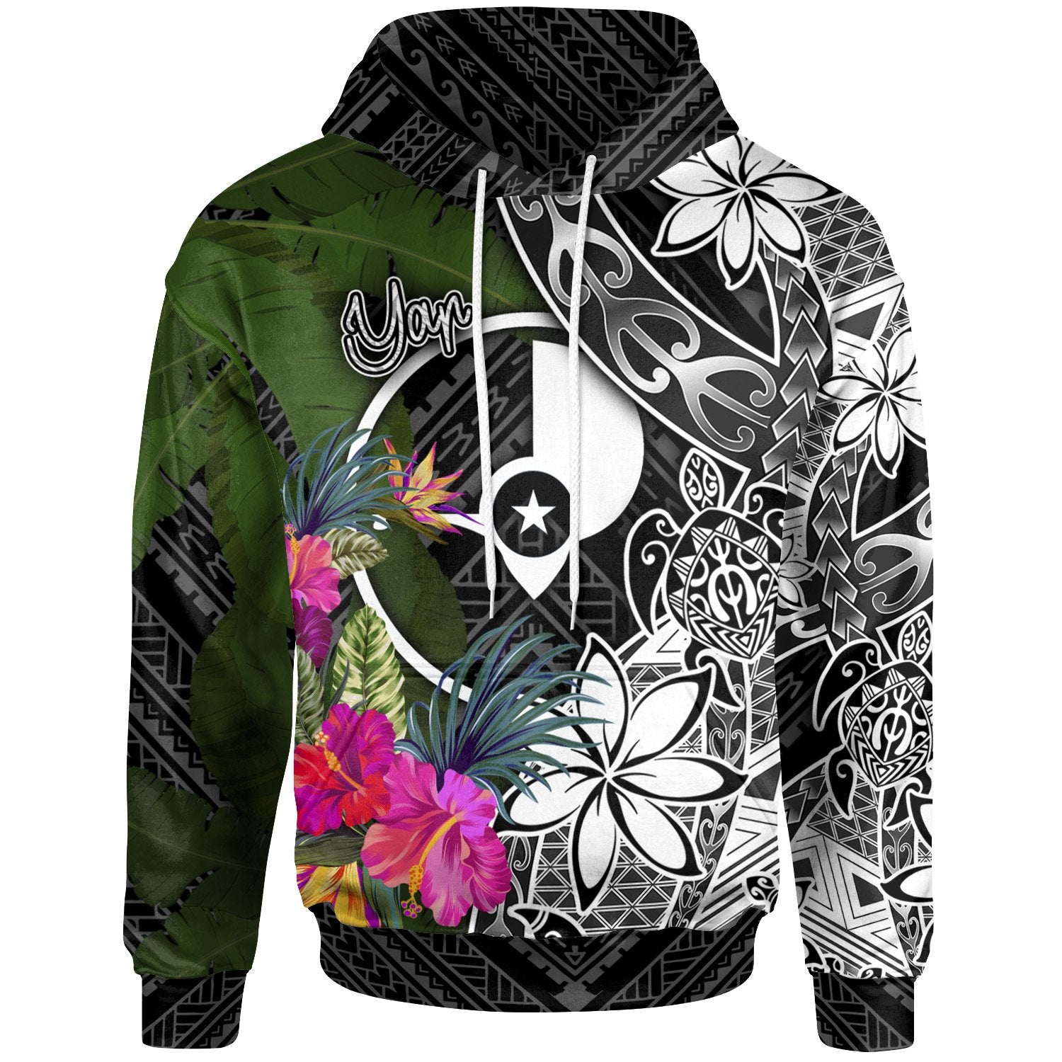 Yap Hoodie Turtle Plumeria Banana Leaf Unisex Black - Polynesian Pride