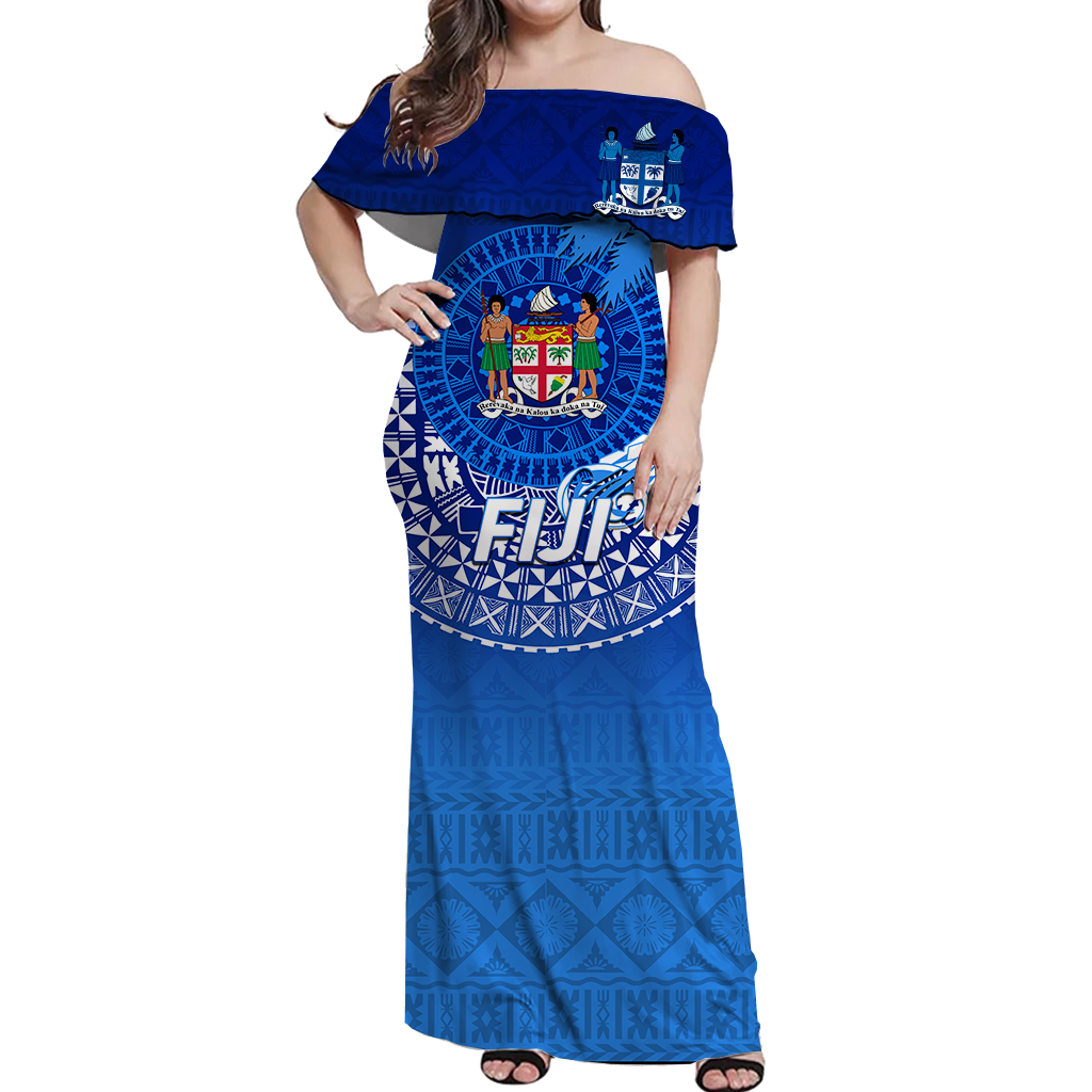 (Custom Personalised) Fiji Tapa Tribal Coconut Tree Off Shoulder Long Dress - LT12 Long Dress Blue - Polynesian Pride