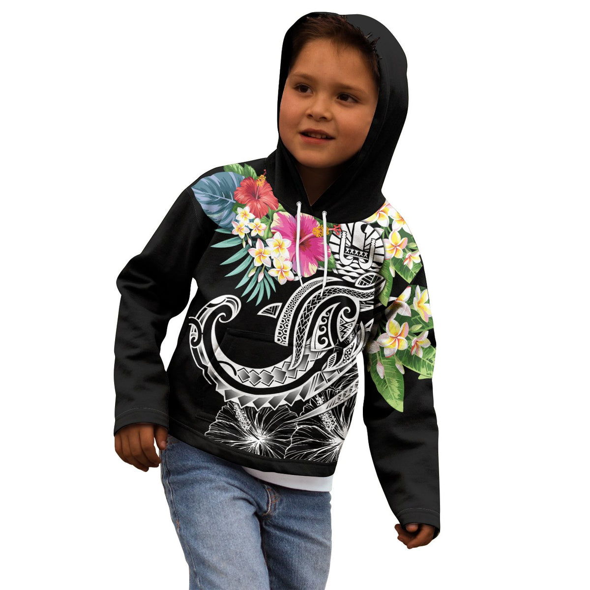 Tahiti Polynesian Hoodie Summer Plumeria (Black) - Polynesian Pride