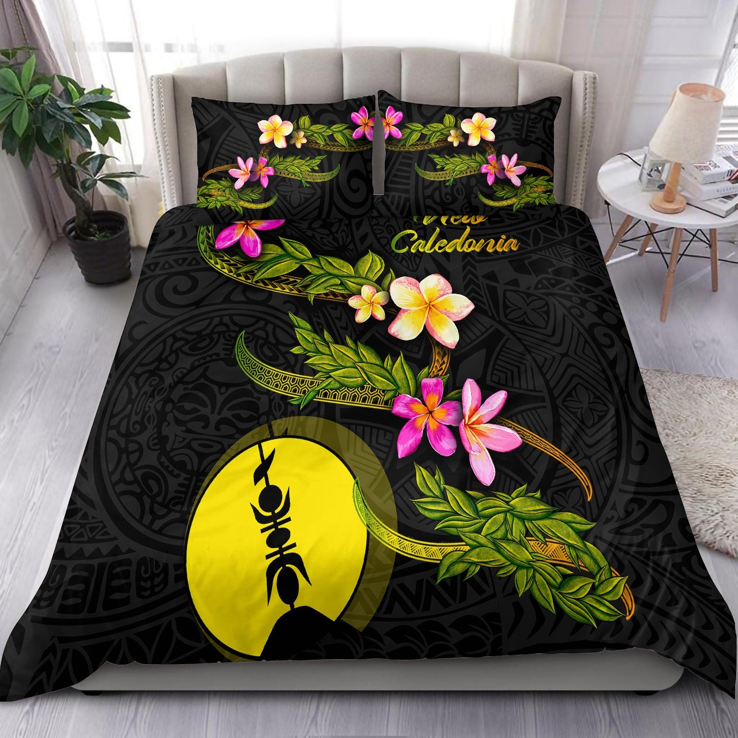 New Caledonia Polynesian Bedding Set - Plumeria Tribal Black - Polynesian Pride