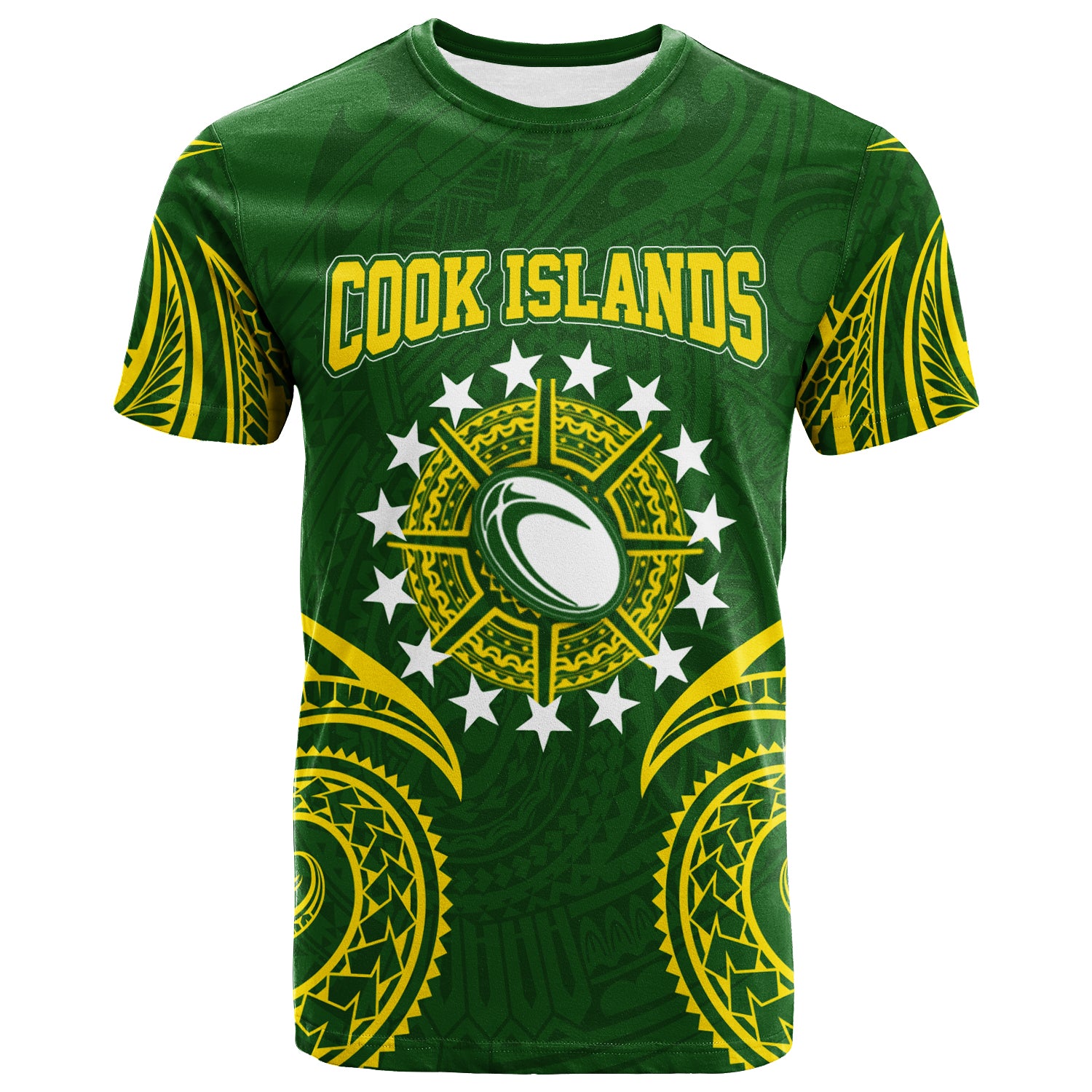 Custom Cook Islands Rugby T Shirt Tribal Pattern LT12 Unisex Green - Polynesian Pride