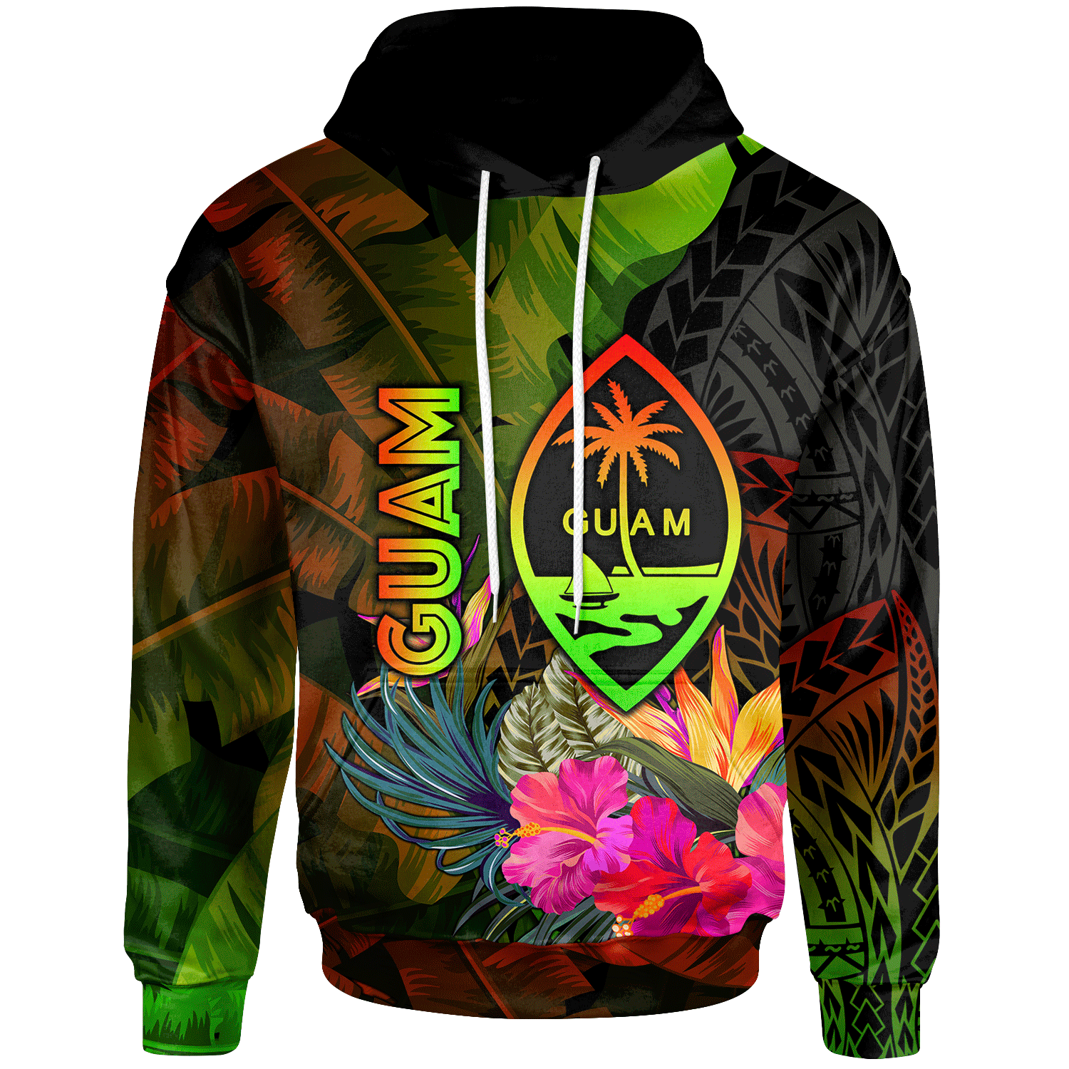 Guam Polynesian Hoodie Hibiscus and Banana Leaves Unisex Reggae - Polynesian Pride