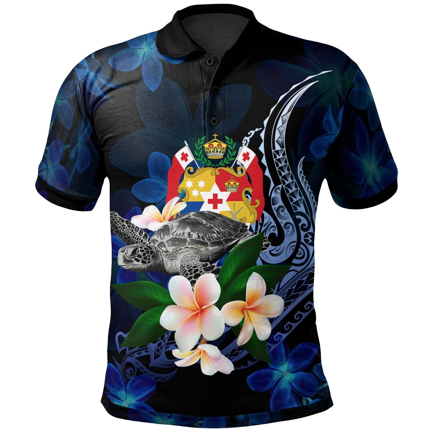 Tonga Polynesian Polo Shirt Turtle With Plumeria Flowers Unisex Blue - Polynesian Pride