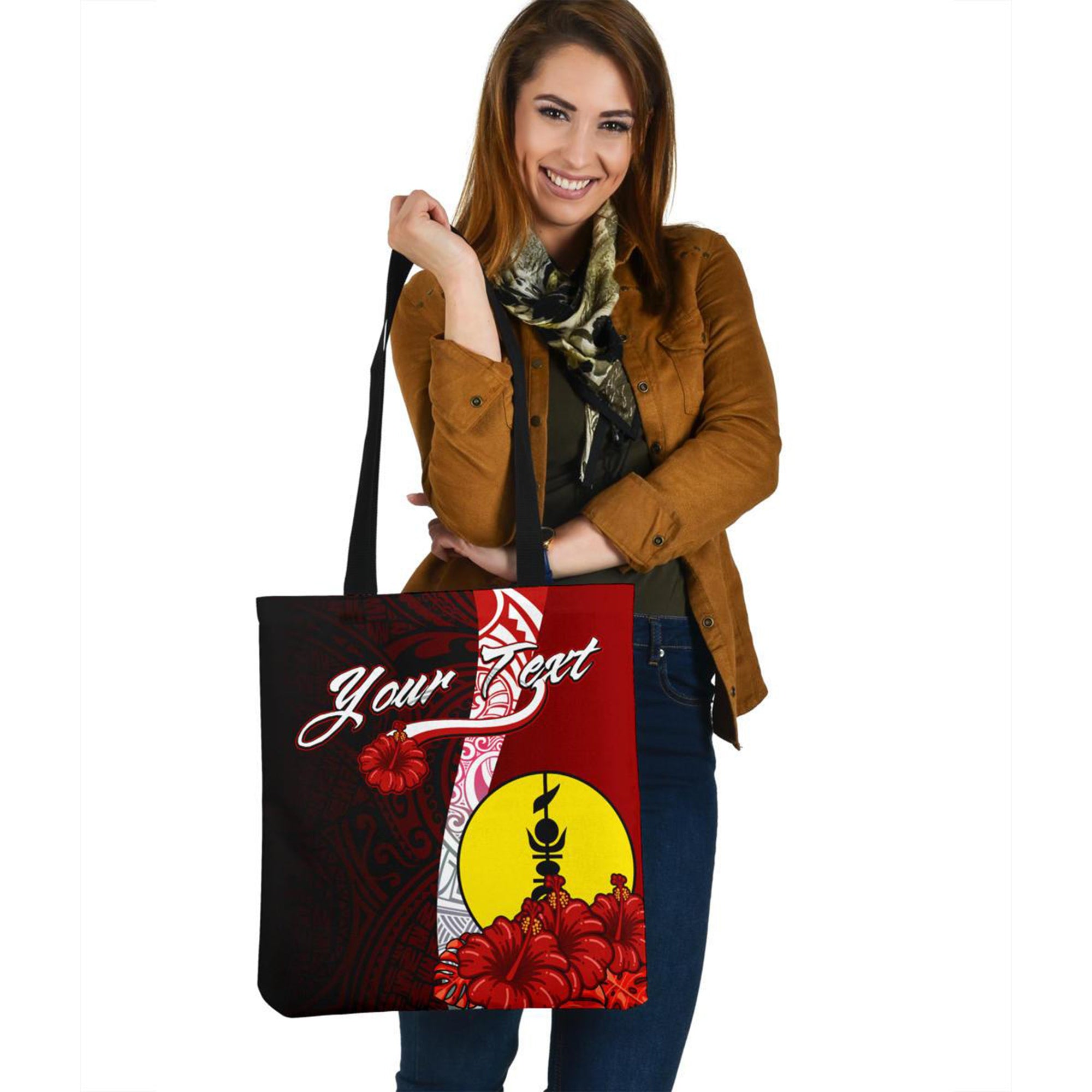 New Caledonia Polynesian Custom Personalised Tote Bag - Coat Of Arm With Hibiscus Tote Bag One Size Red - Polynesian Pride