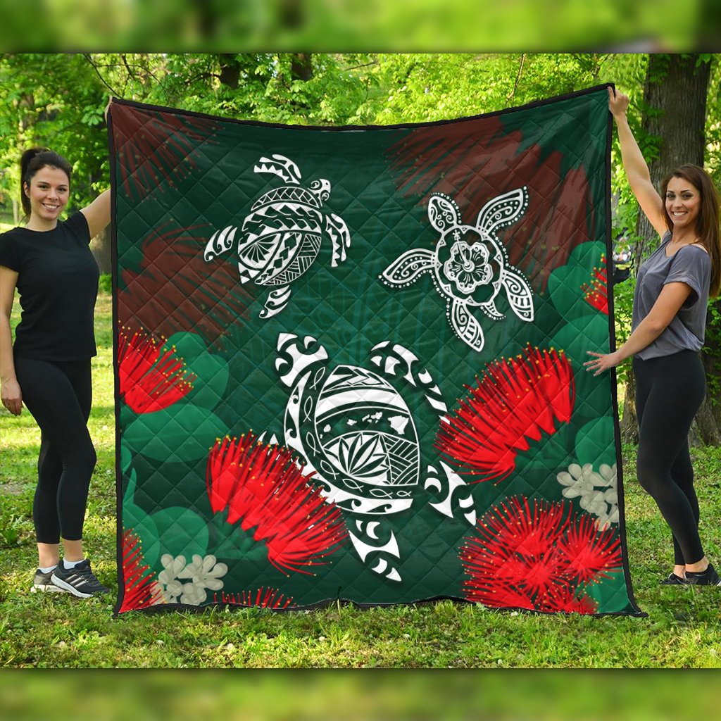 Hawaii Lehua Flowers Turtle Poly Premium Quilt - Ser Style - AH Green - Polynesian Pride