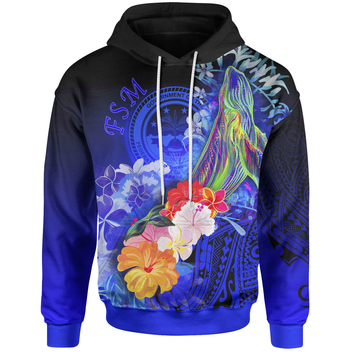 Fsm Hoodie Humpback Whale with Tropical Flowers (Blue) Unisex Blue - Polynesian Pride