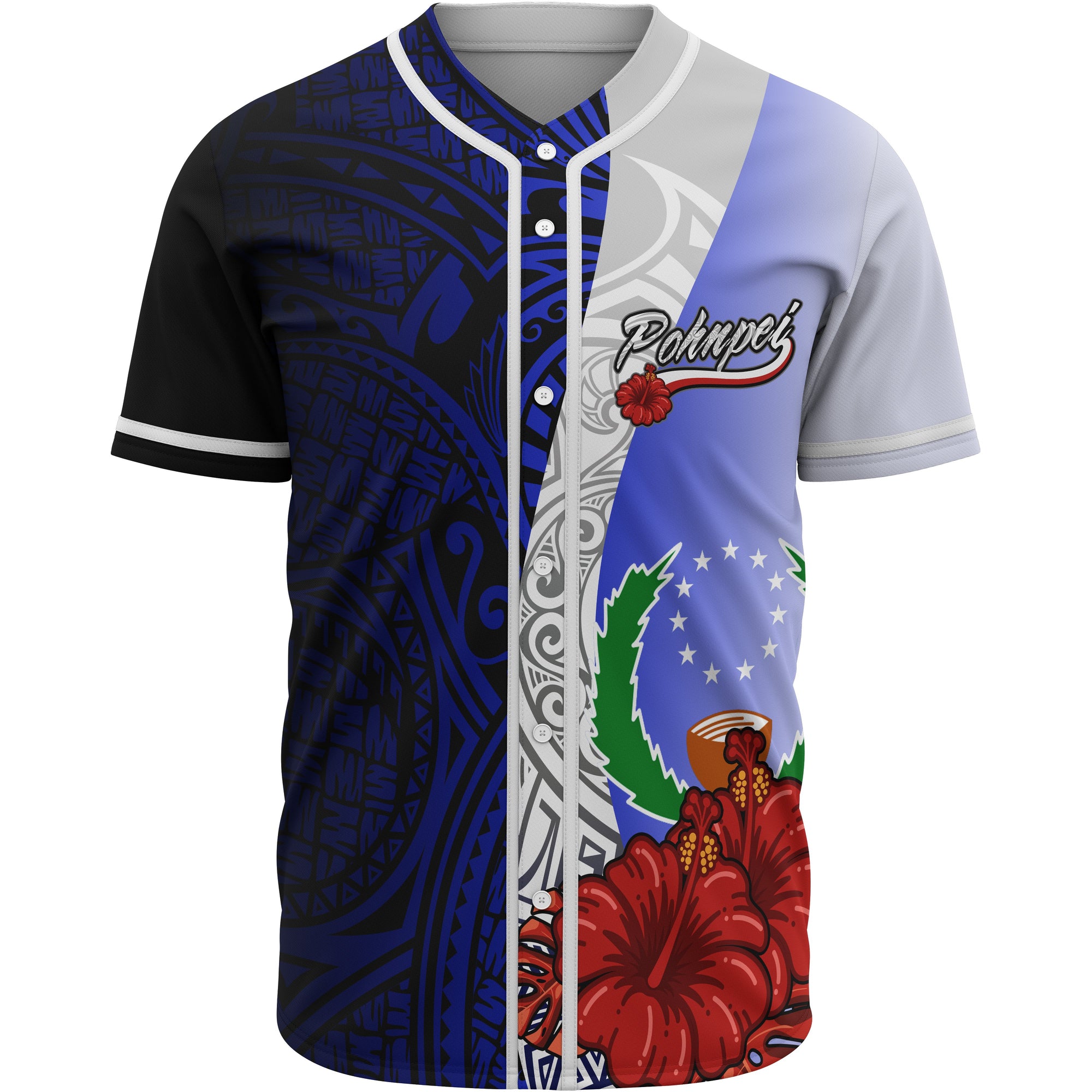 Pohnpei Polynesian Baseball Shirt - Coat Of Arm With Hibiscus Blue Unisex Blue - Polynesian Pride