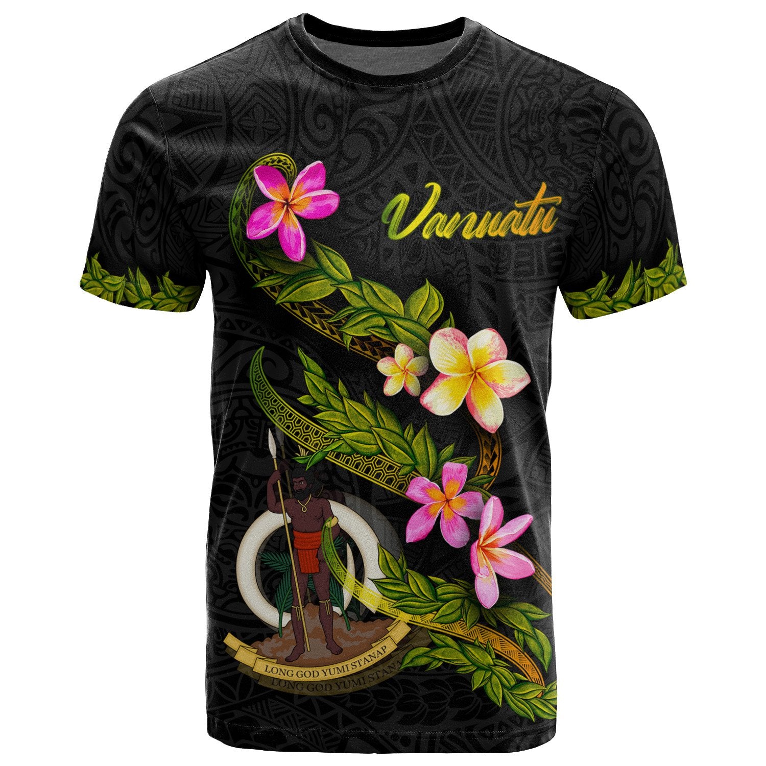 Vanuatu Polynesian T Shirt Plumeria Tribal Unisex Black - Polynesian Pride