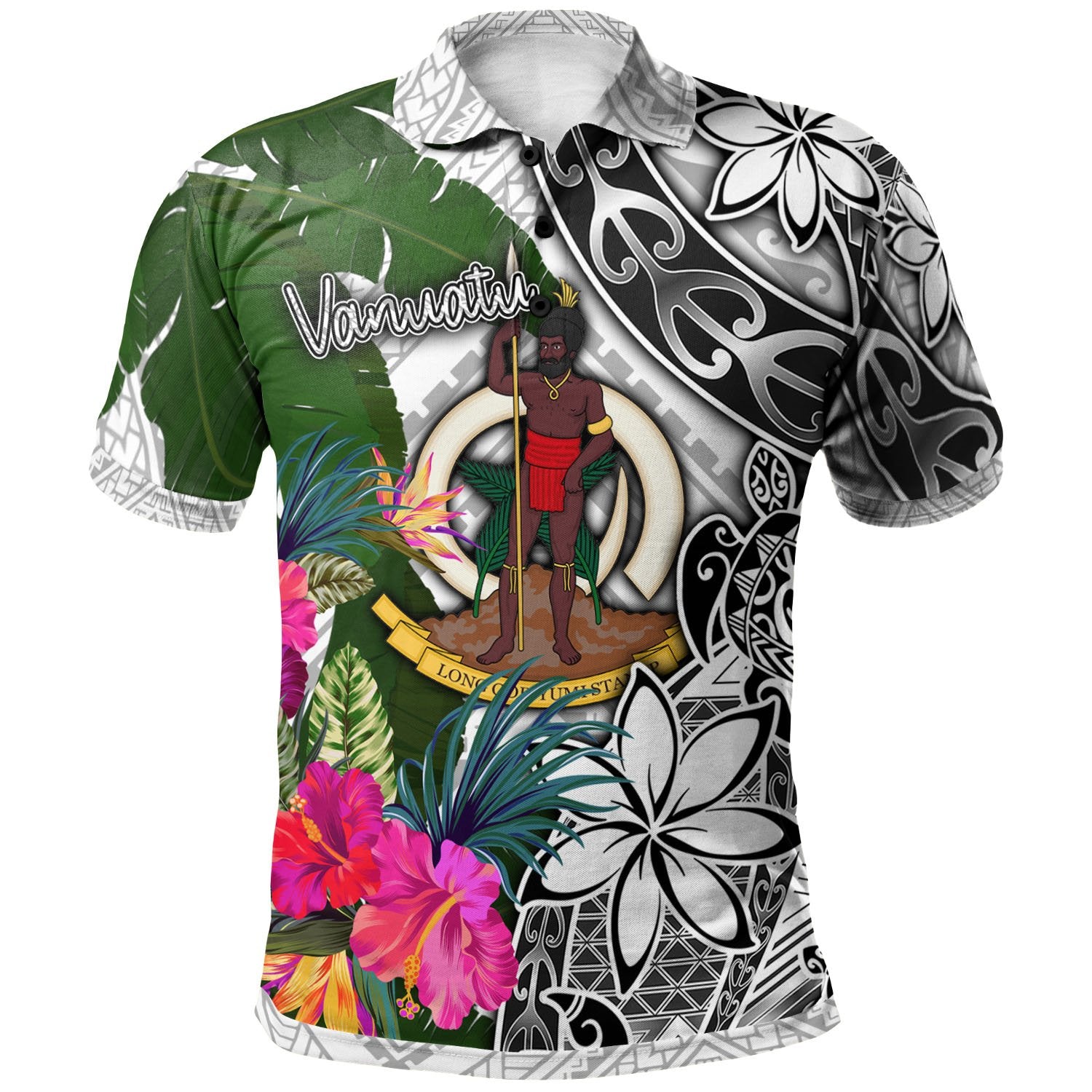 Vanuatu Polo Shirt White Turtle Plumeria Banana Leaf Unisex White - Polynesian Pride