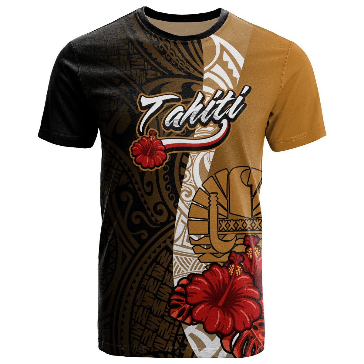 Tahiti Polynesian Custom T Shirt Coat of Arms With Hibiscus Gold - Polynesian Pride