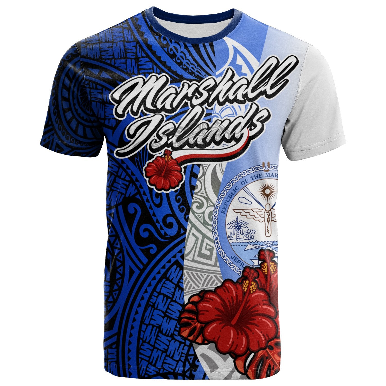 Marshall Islands Polynesian T shirt Coat Of Arm With Hibiscus Blue Unisex Blue - Polynesian Pride