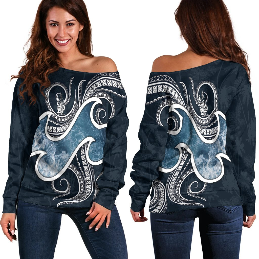 New Caledonia Polynesian Women's Off Shoulder Sweater - Ocean Style Blue - Polynesian Pride