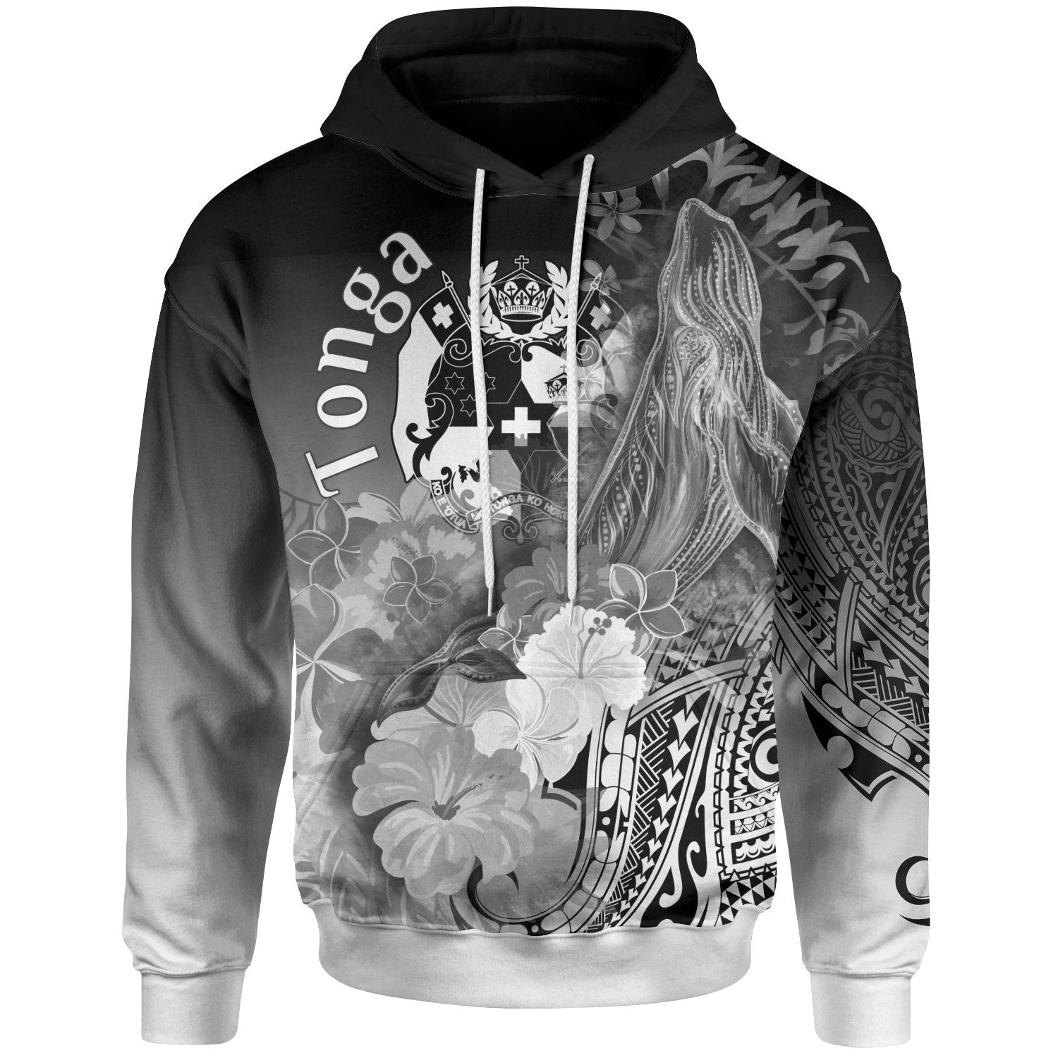 Tonga Hoodie Humpback Whale with Tropical Flowers (White) Unisex White - Polynesian Pride