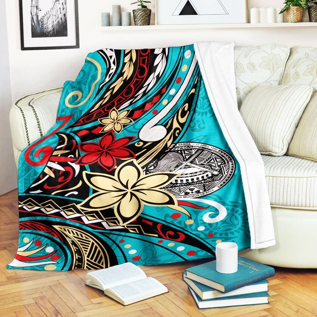 American Samoa Premium Blanket - Tribal Flower With Special Turtles Blue Color White - Polynesian Pride